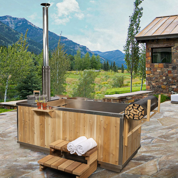 The Starlight Wood Burning Hot Tub CT372W with cedar wood exterior, providing a natural and rustic look for any outdoor setting