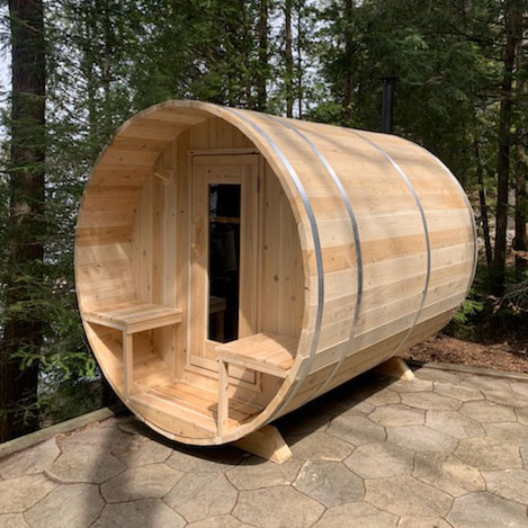  Spacious and Luxurious 4 Person Outdoor Barrel Sauna with Beautiful Wood Finish