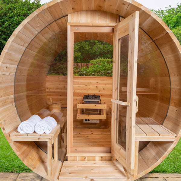  Relaxing outdoor sauna with spacious interior and stylish glass door 