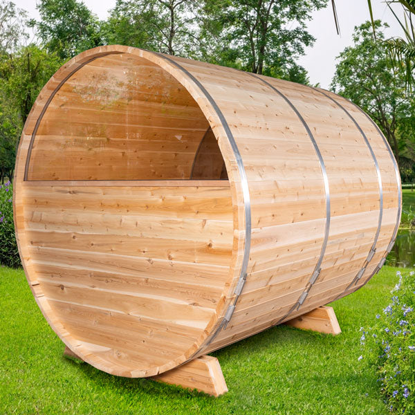  Rustic outdoor barrel sauna with seating for 3-4 people 