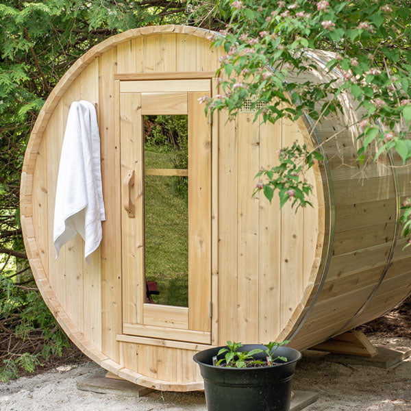 Harmony 4 Person Outdoor Barrel Sauna | CTC22E: A stylish and spacious outdoor sauna designed for relaxation and rejuvenation in your backyard or patio