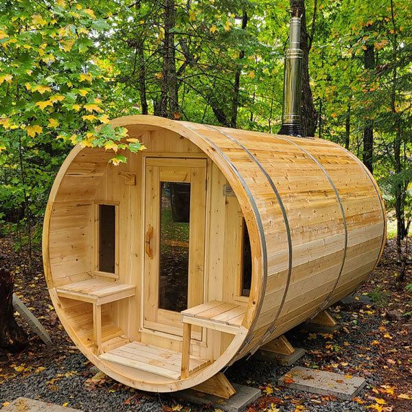 Spacious outdoor barrel sauna with porch, comfortably fitting 6-8 people | Tranquility CTC2345E