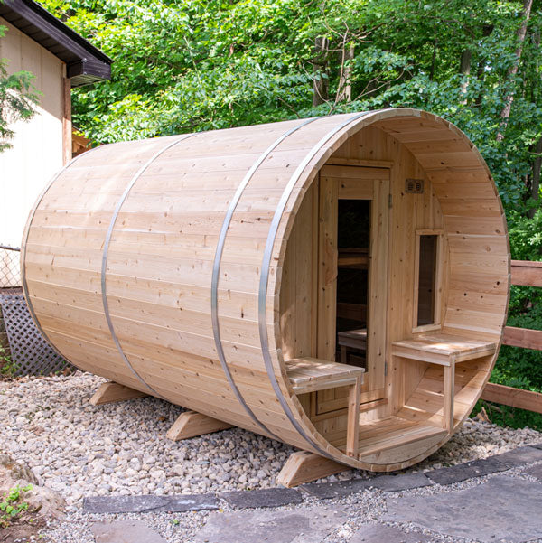 Rustic outdoor barrel sauna with porch, designed for 6-8 people | Tranquility CTC2345E