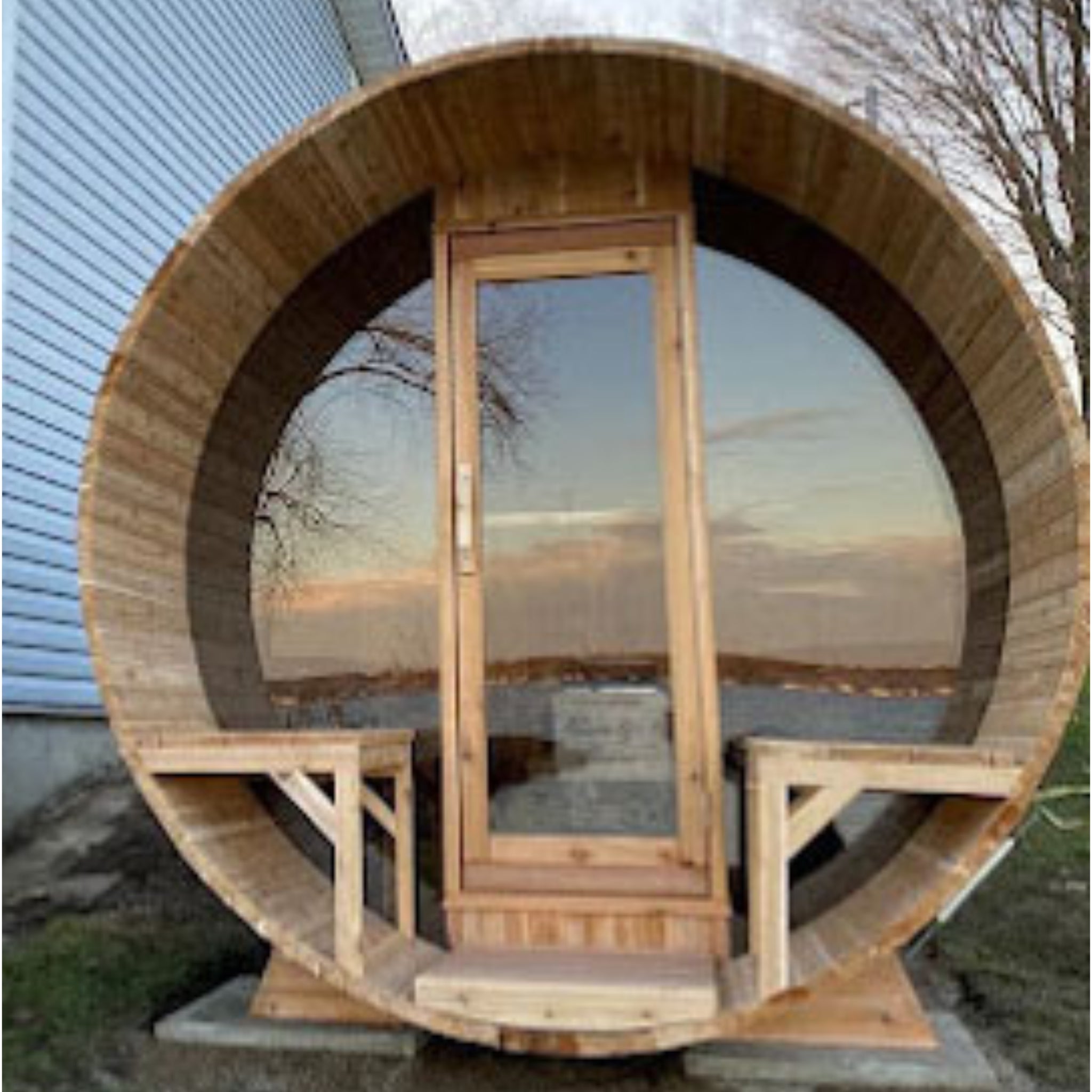 Tranquility MP 4-5 Person Outdoor Barrel Sauna with Wooden Exterior and Glass Door