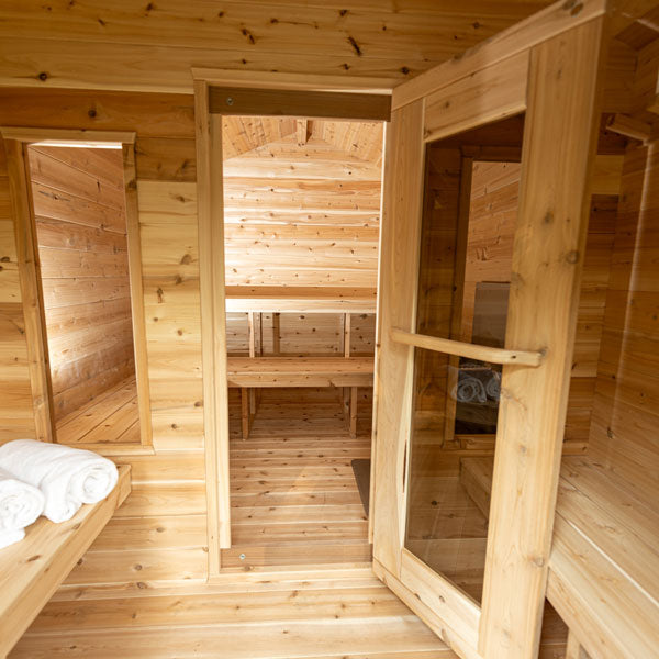 Rustic wooden outdoor sauna with changeroom, designed for 6 people