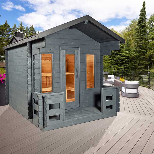 Rustic cedar outdoor sauna with porch, designed for 6 people