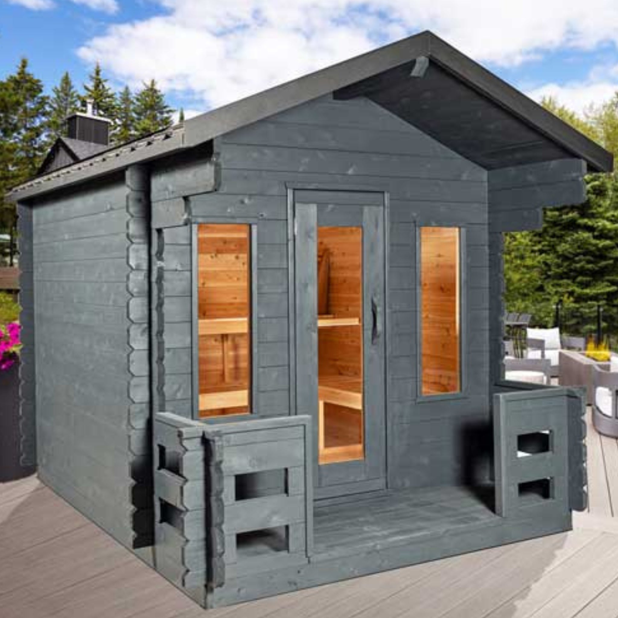 Rustic wooden outdoor sauna with porch, designed for 6 people