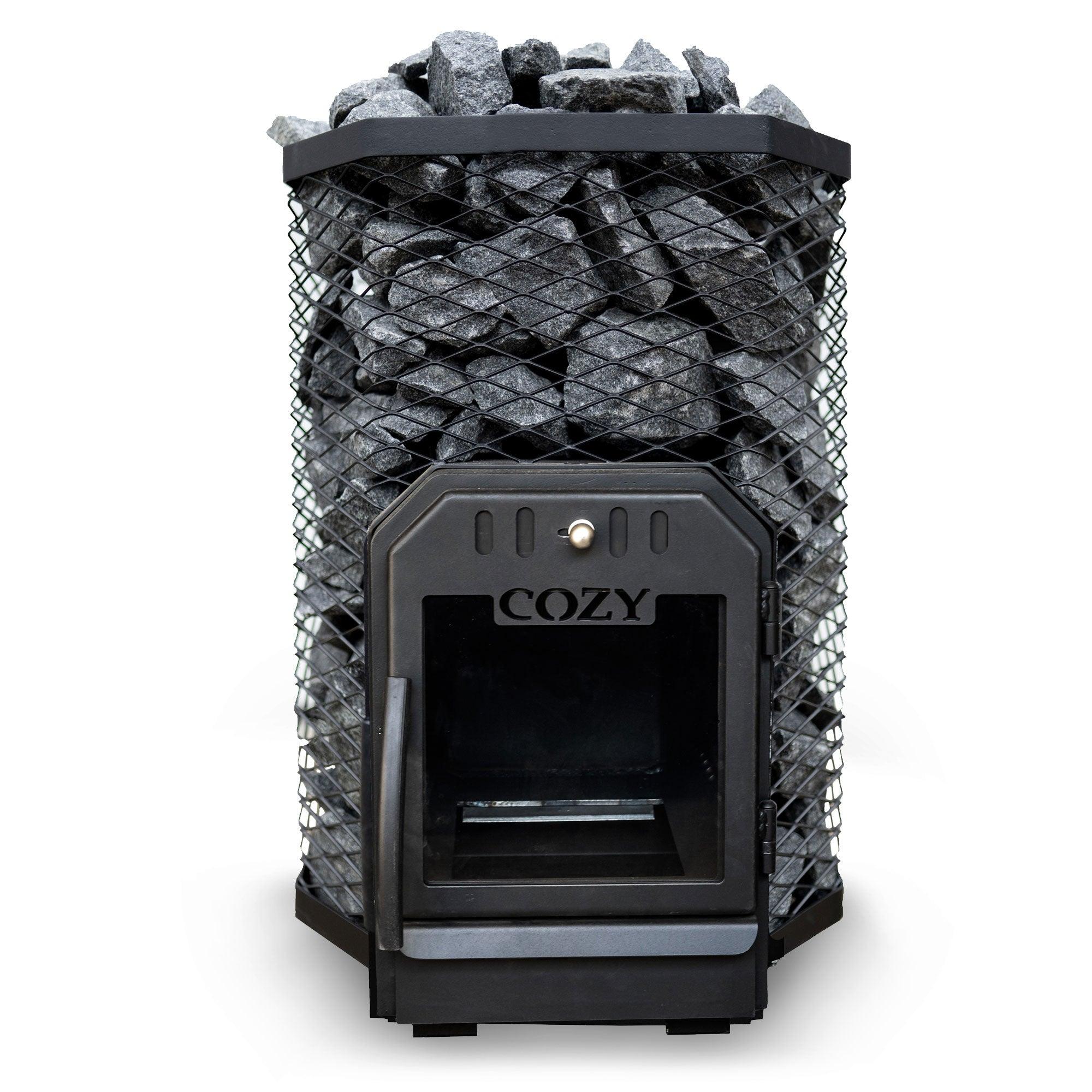 Cozy Heat Sauna Stove surrounded by stones, creating a rustic and inviting ambiance