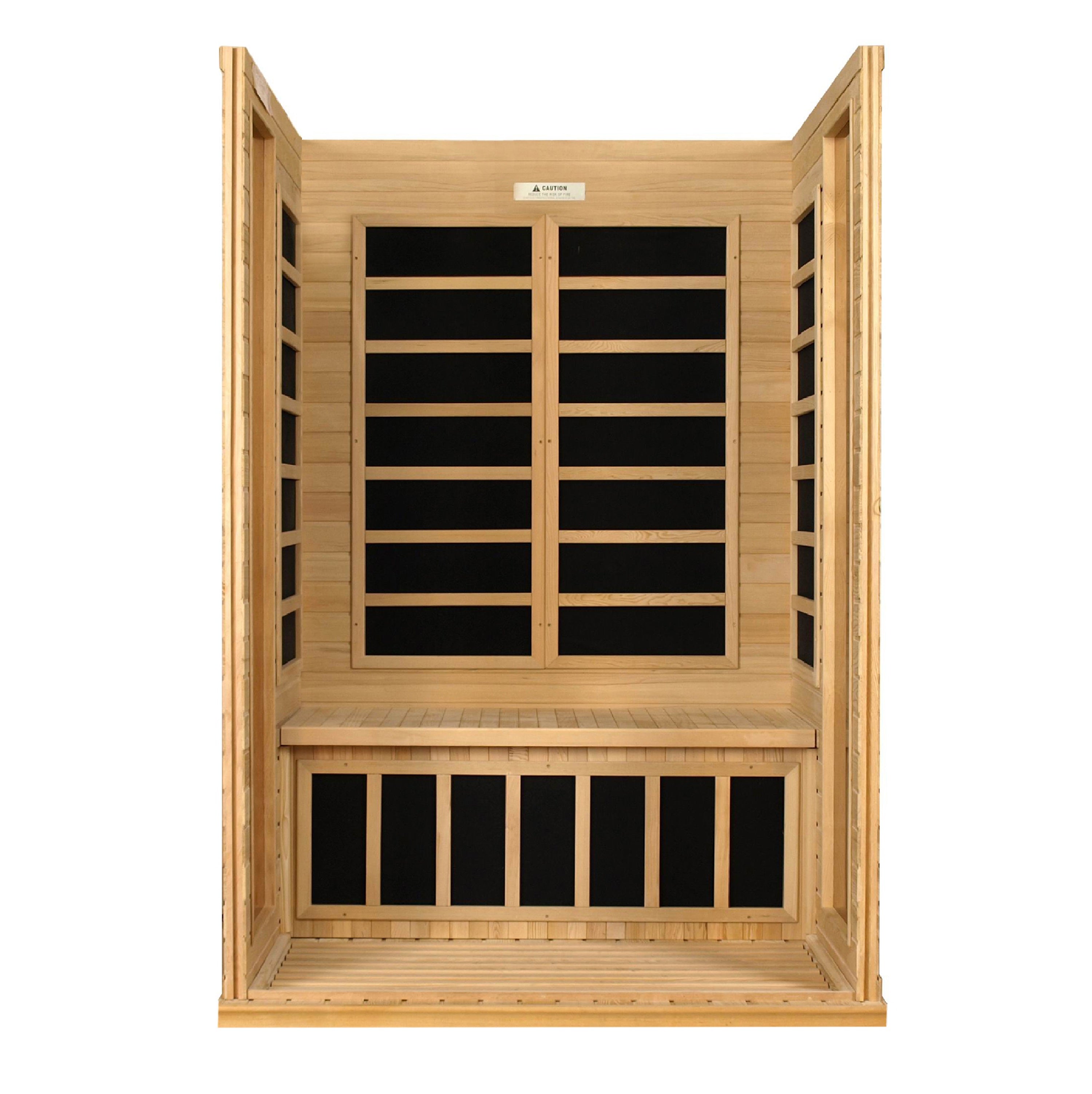 Two person low EMF FAR infrared sauna with dynamic features