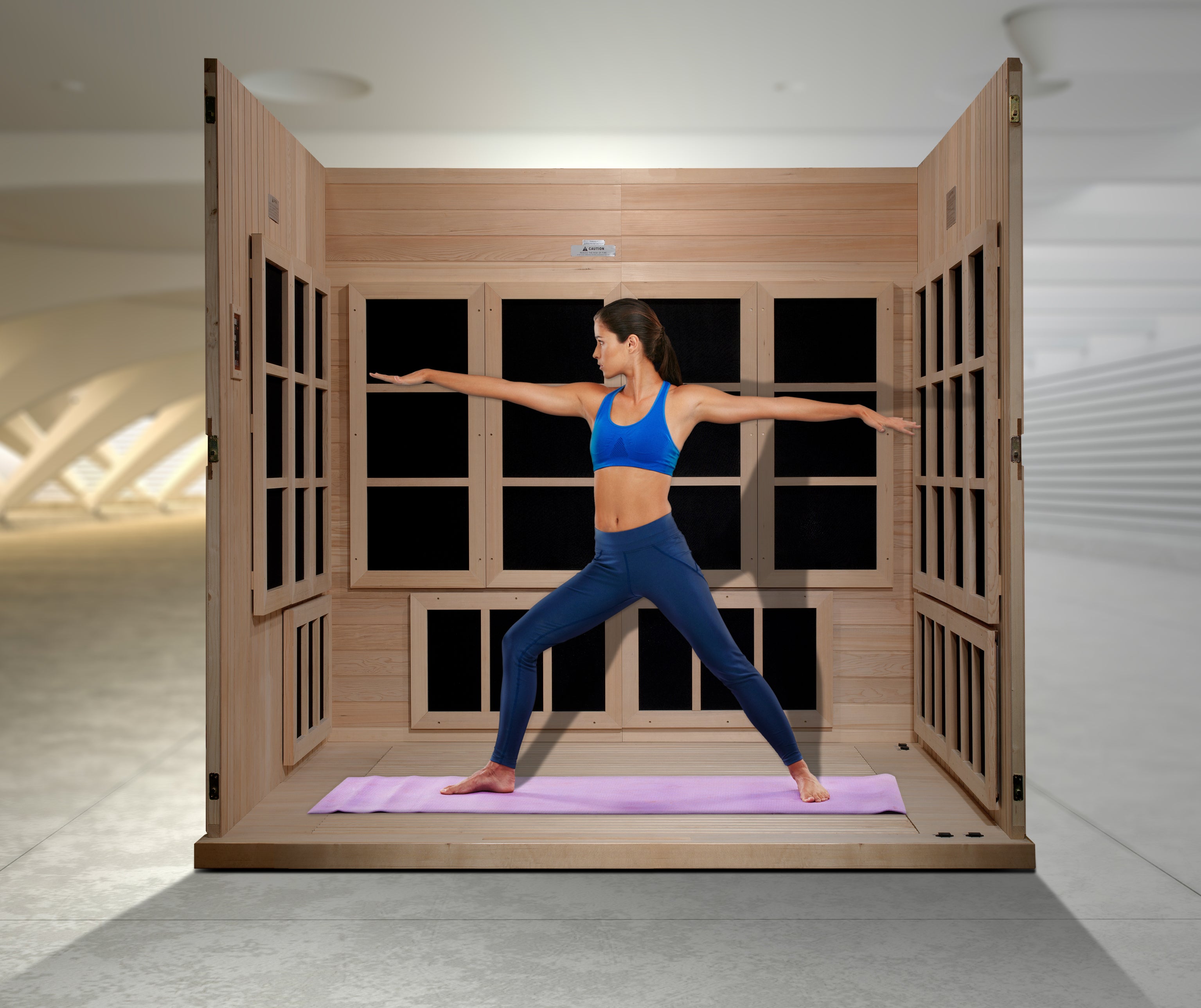 Golden Designs Catalonia 8-person Indoor Near Zero EMF FAR Infrared Sauna GDI-6880-02 showing a spacious and luxurious sauna interior with comfortable seating for up to 8 people, designed with near zero EMF (under 2MG) technology for a safe and effective infrared sauna experience