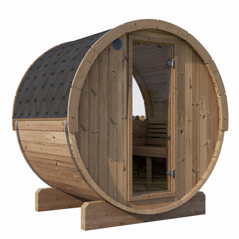 Three person barrel sauna from SaunaLife's ERGO series offers luxurious relaxation and health benefits