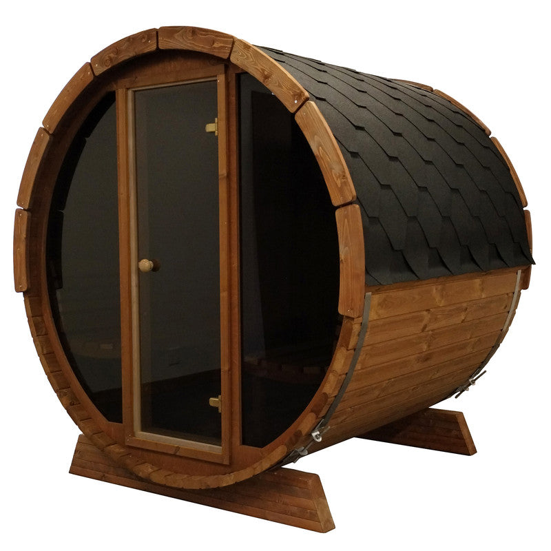 SaunaLife's Model E7G 4 Person Barrel Sauna with Glass Front from the ERGO Series, perfect for a relaxing and rejuvenating sauna experience