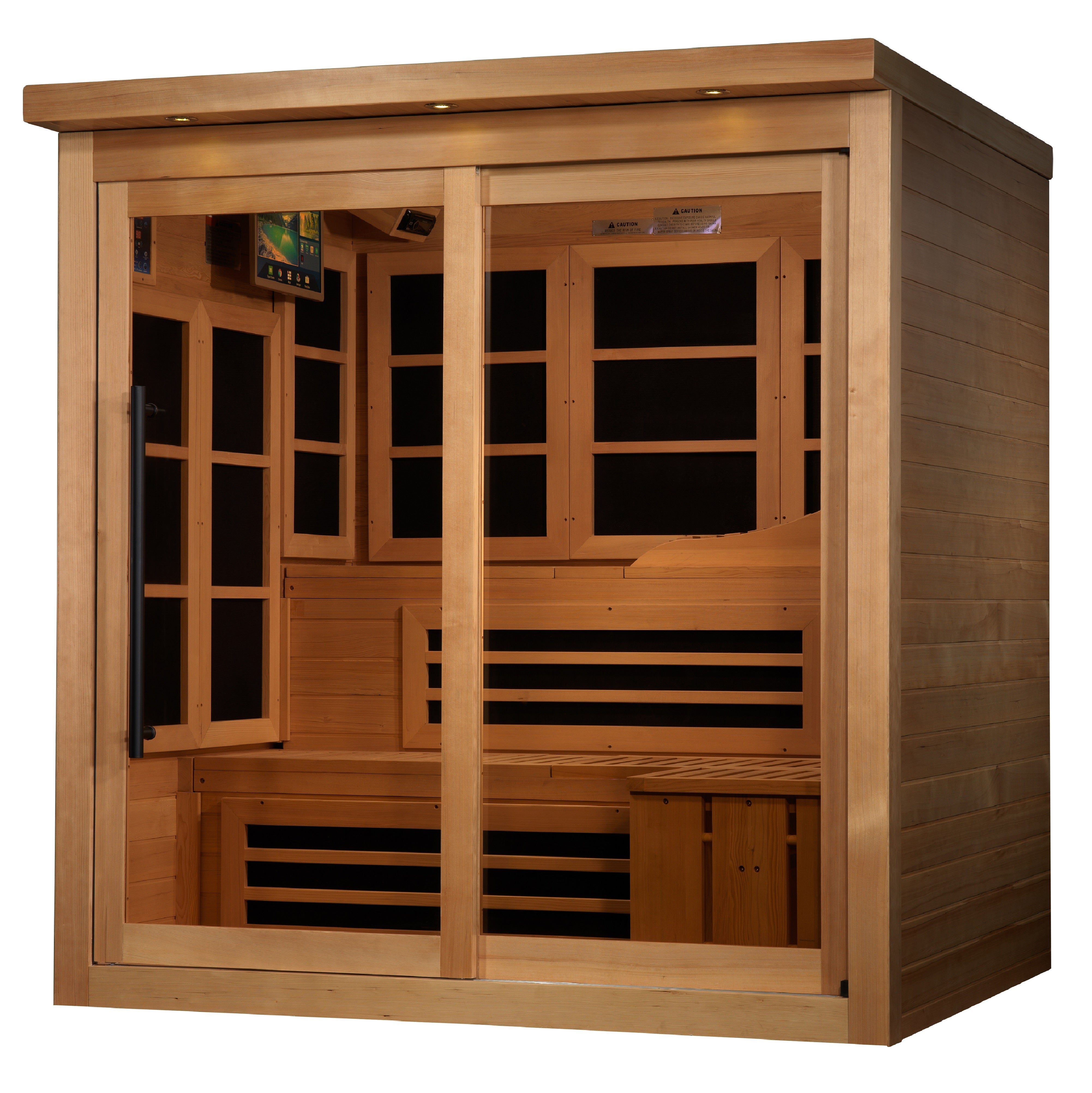 Spacious and luxurious Golden Designs Monaco 6-person Near Zero EMF (Under 2MG) FAR Infrared Sauna GDI-6996-02, designed for ultimate relaxation and wellness