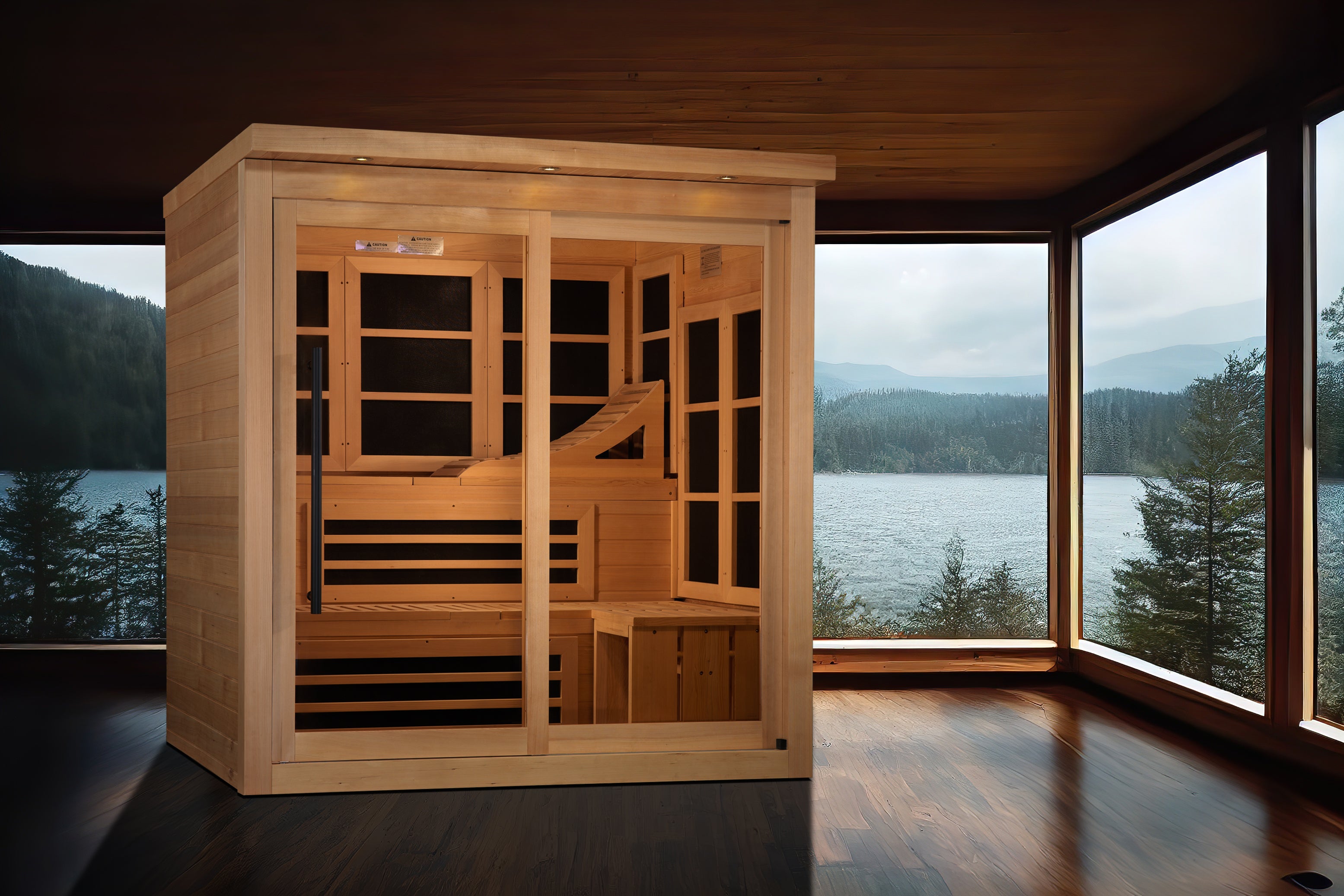 Interior view of the Golden Designs Monaco 6-person Infrared Sauna GDI-6996-02 with comfortable seating