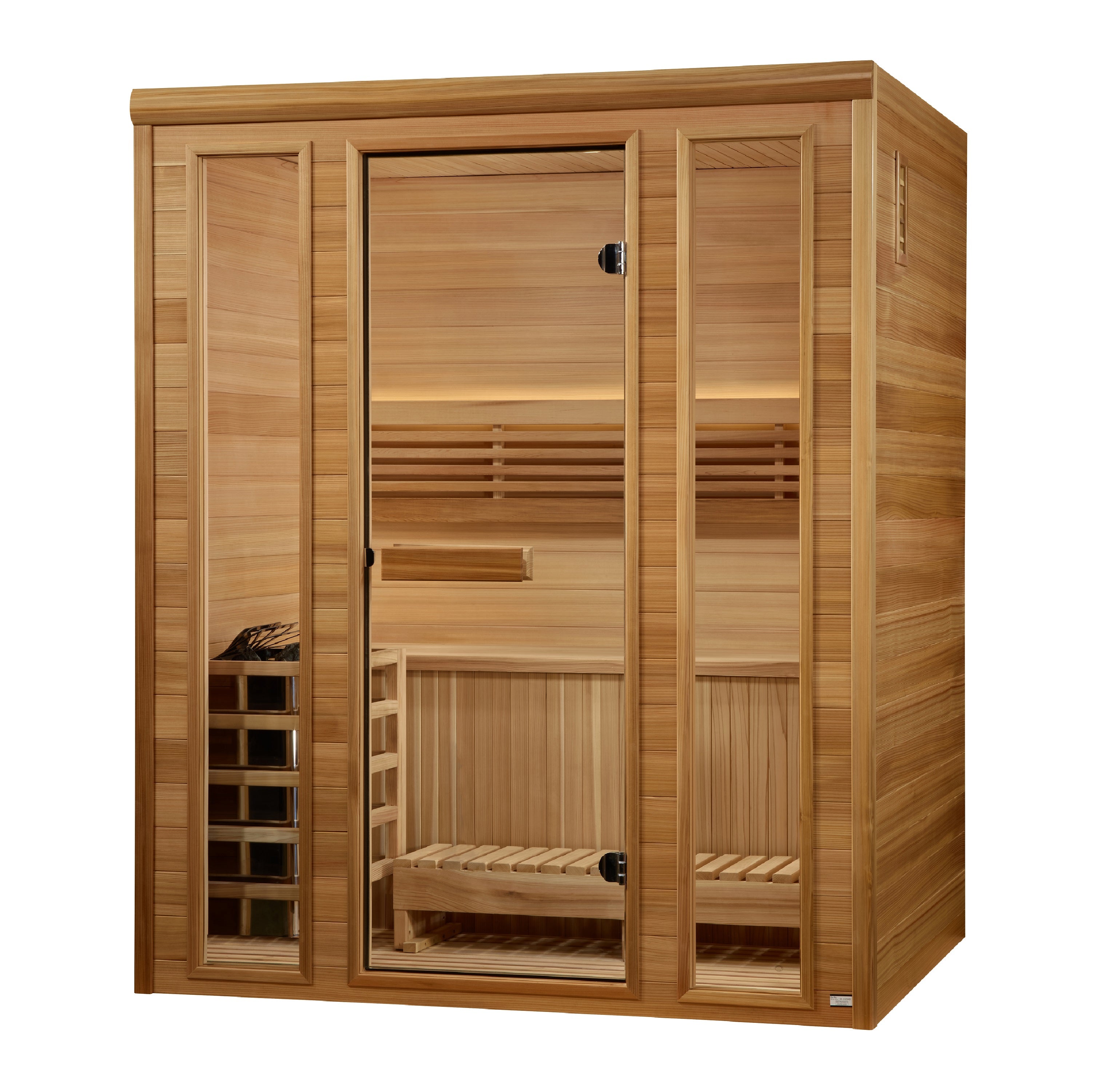 Golden Designs Andermatt Edition 3 Person Traditional Indoor Steam Sauna GDI-7030-01 with wooden benches and glass door for relaxation and detoxification