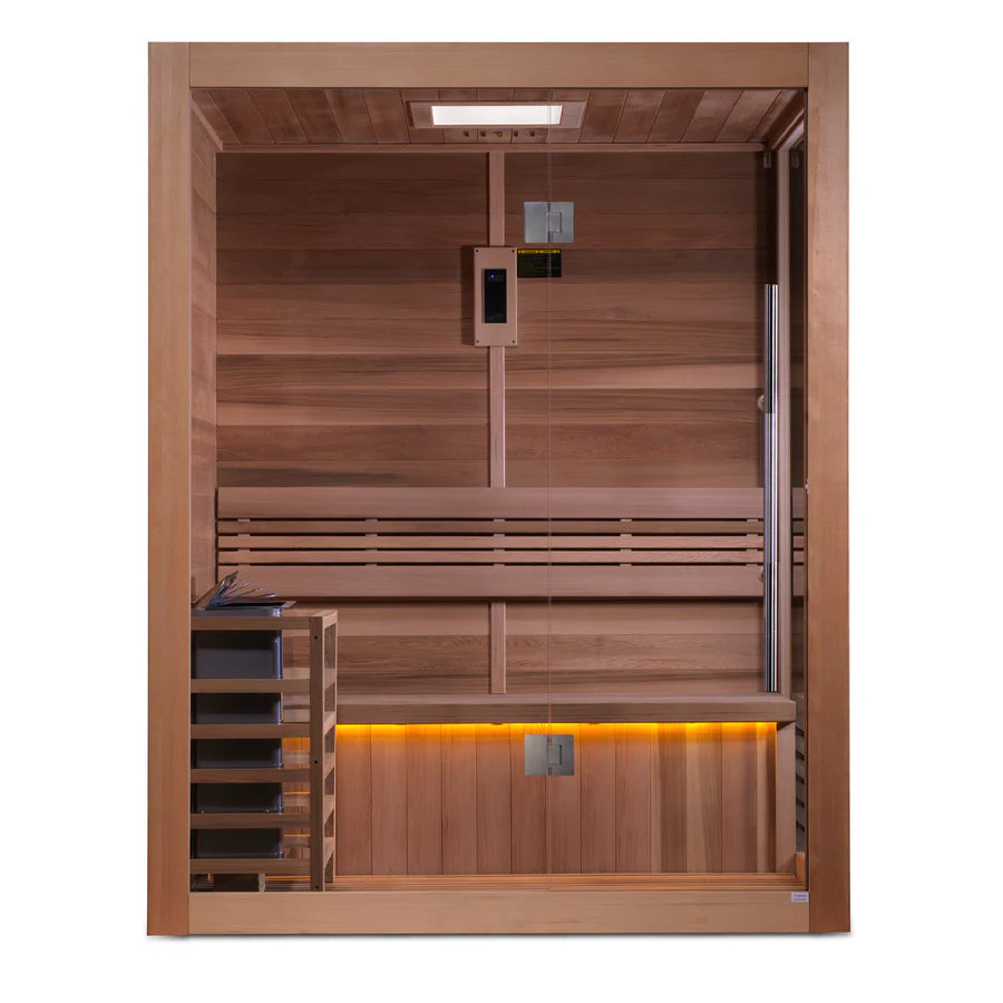 Golden Designs Hanko 2 Person Indoor Traditional Steam Sauna GDI-7202-01 with Wooden Benches and Glass Door