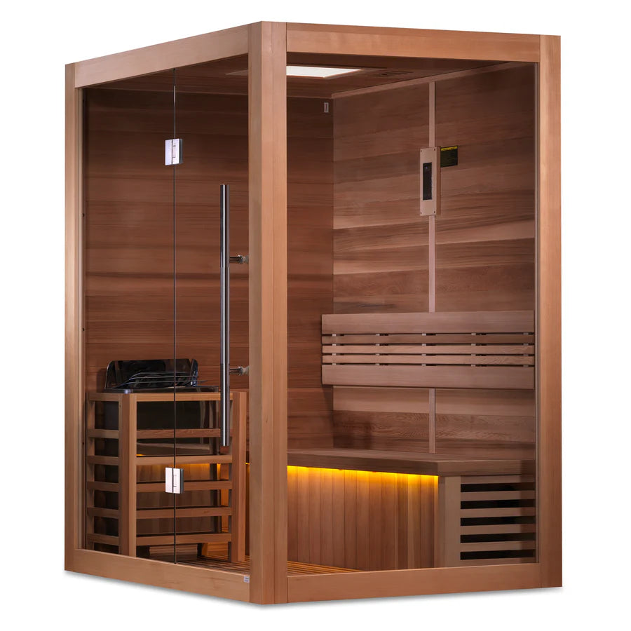 Beautifully crafted indoor sauna with seating for two individuals