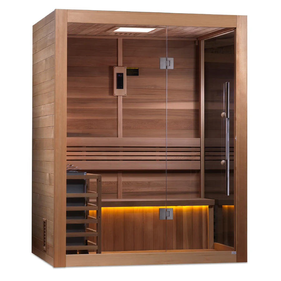 Spacious and elegant steam sauna with comfortable seating and traditional design