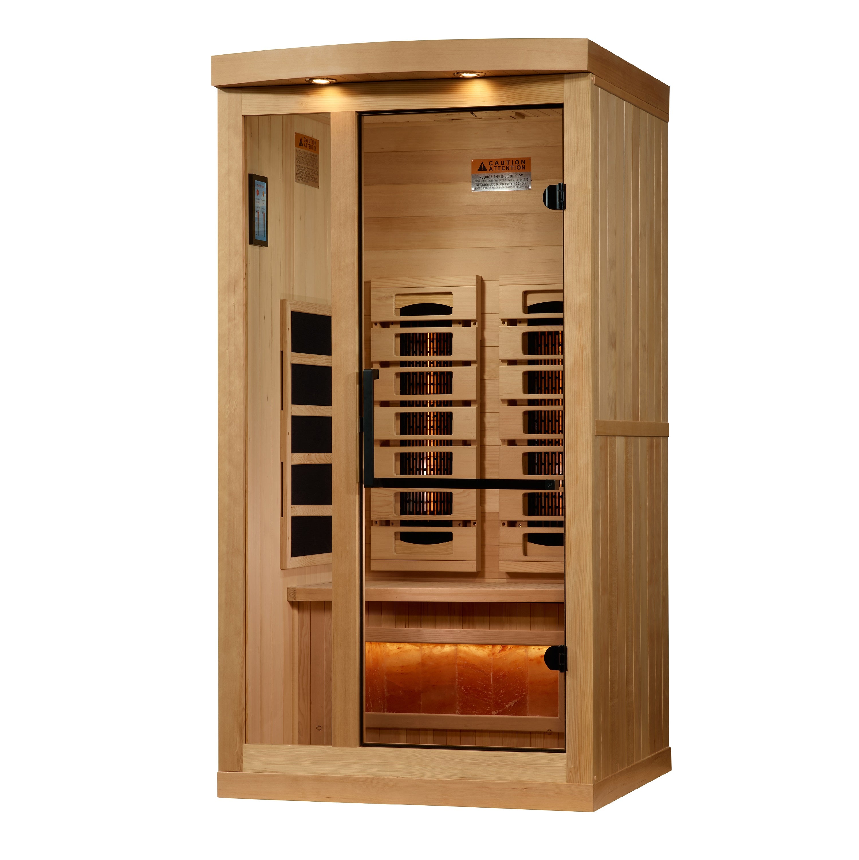  Luxurious Golden Designs 1-Person Full Spectrum Near Zero EMF FAR Infrared Sauna with Himalayan Salt Bar, offering a rejuvenating and detoxifying experience with minimal EMF emissions