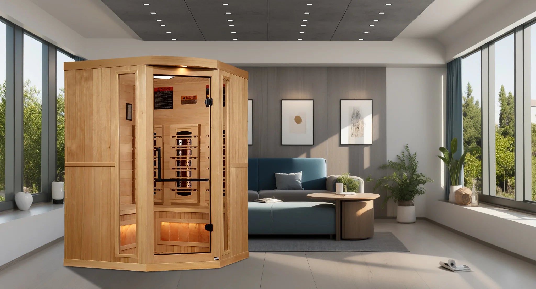 Golden Designs 3-Person Corner Indoor Full Spectrum Near Zero EMF FAR Infrared Sauna with Himalayan Salt Bar GDI-8035-03, a spacious and luxurious sauna designed for ultimate relaxation and wellness benefits