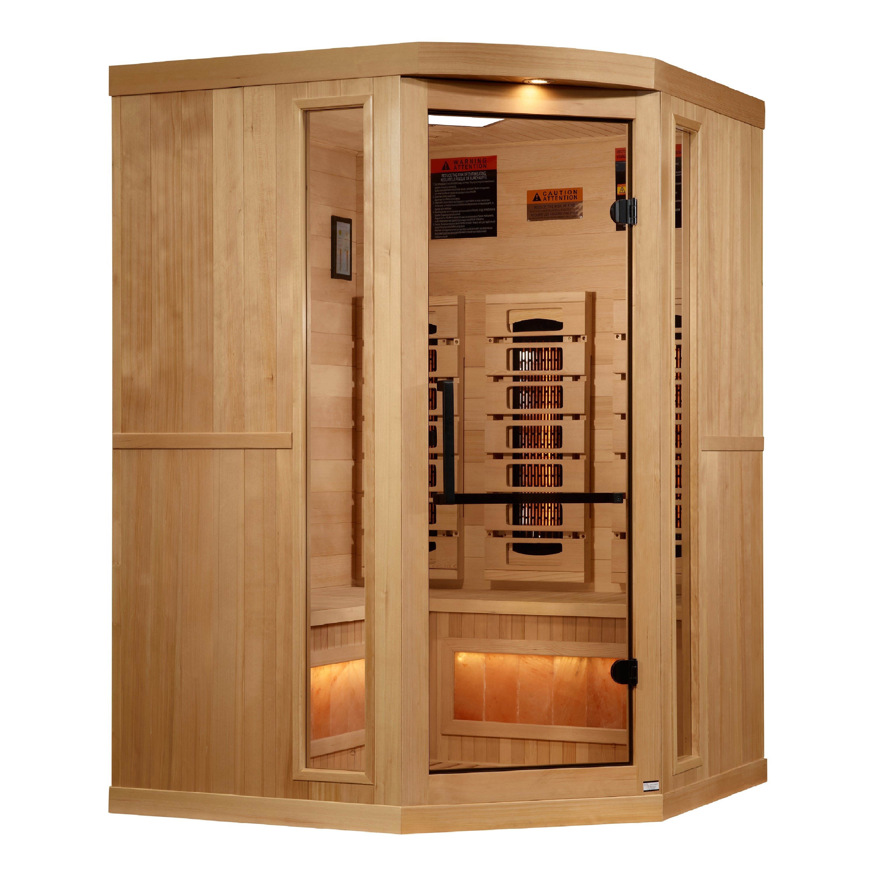 Three-person corner indoor full spectrum near zero EMF FAR infrared sauna with Himalayan salt bar, model GDI-8035-03, by Golden Designs