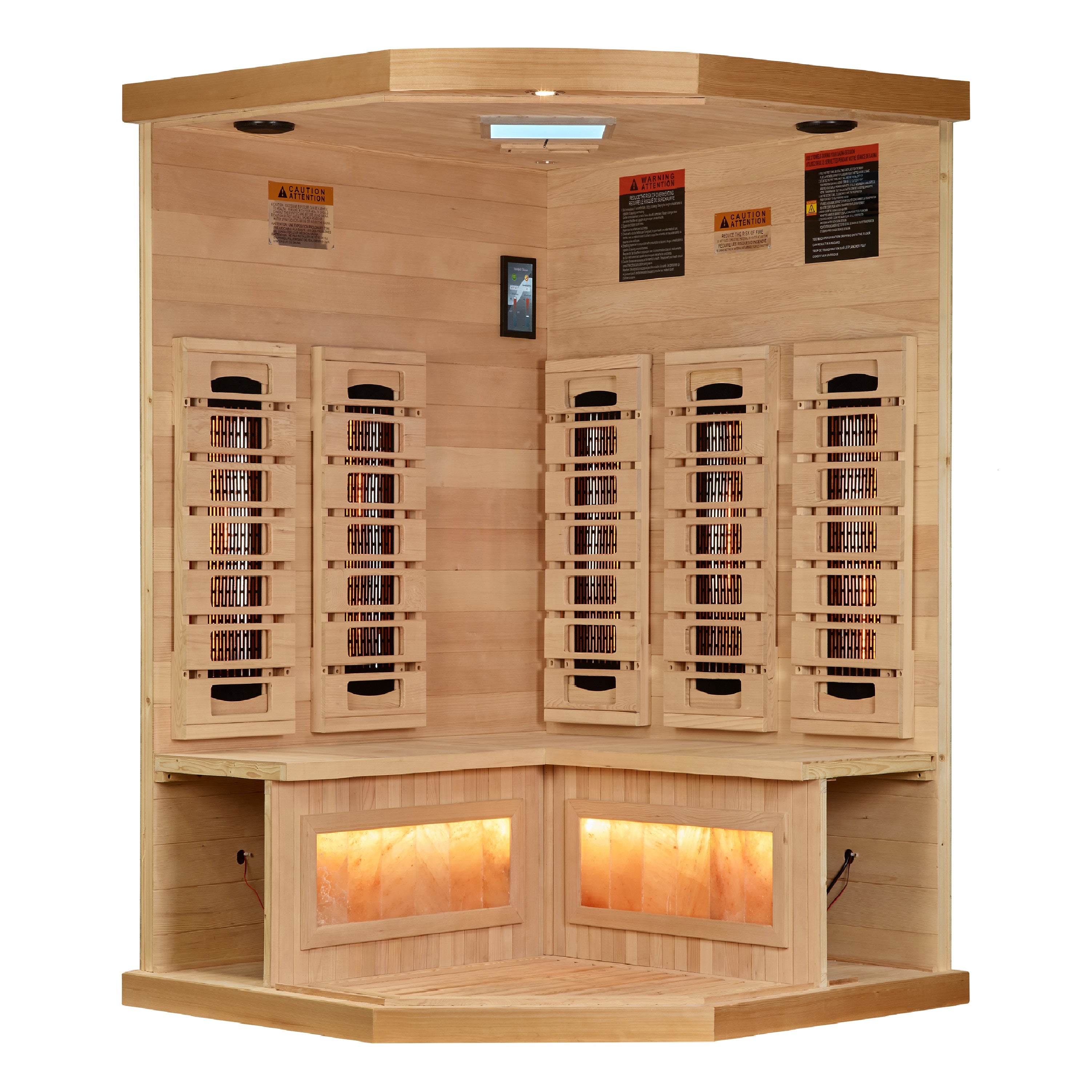 Golden Designs 3-Person Corner Indoor Full Spectrum Near Zero EMF FAR Infrared Sauna with Himalayan Salt Bar GDI-8035-03, a luxurious and spacious sauna perfect for relaxation and detoxification