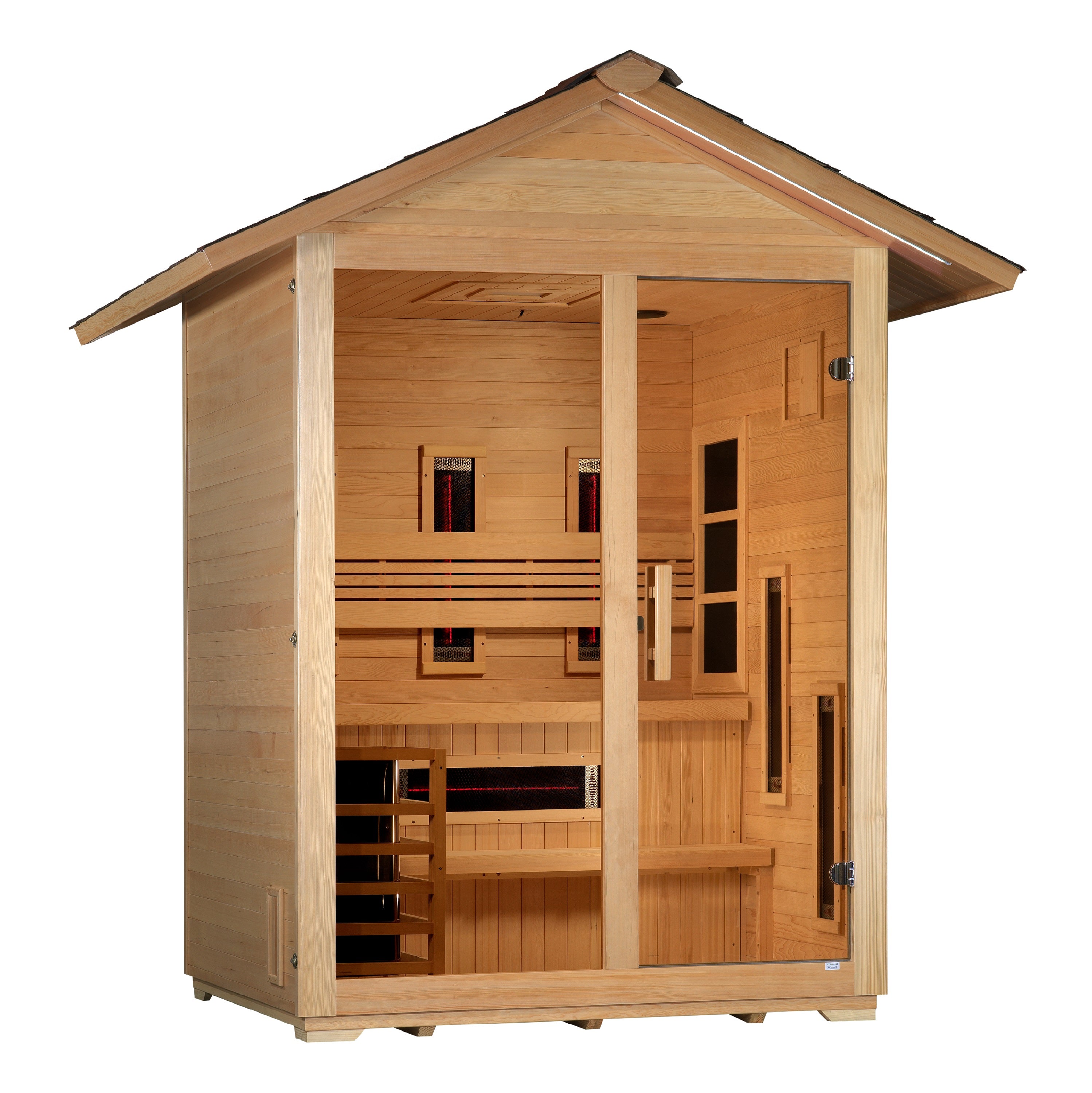 Golden Designs Carinthia 3 Person Outdoor Hybrid Full Spectrum IR & Traditional Sauna GDI-8123-01 outdoor sauna with full spectrum infrared and traditional heat options