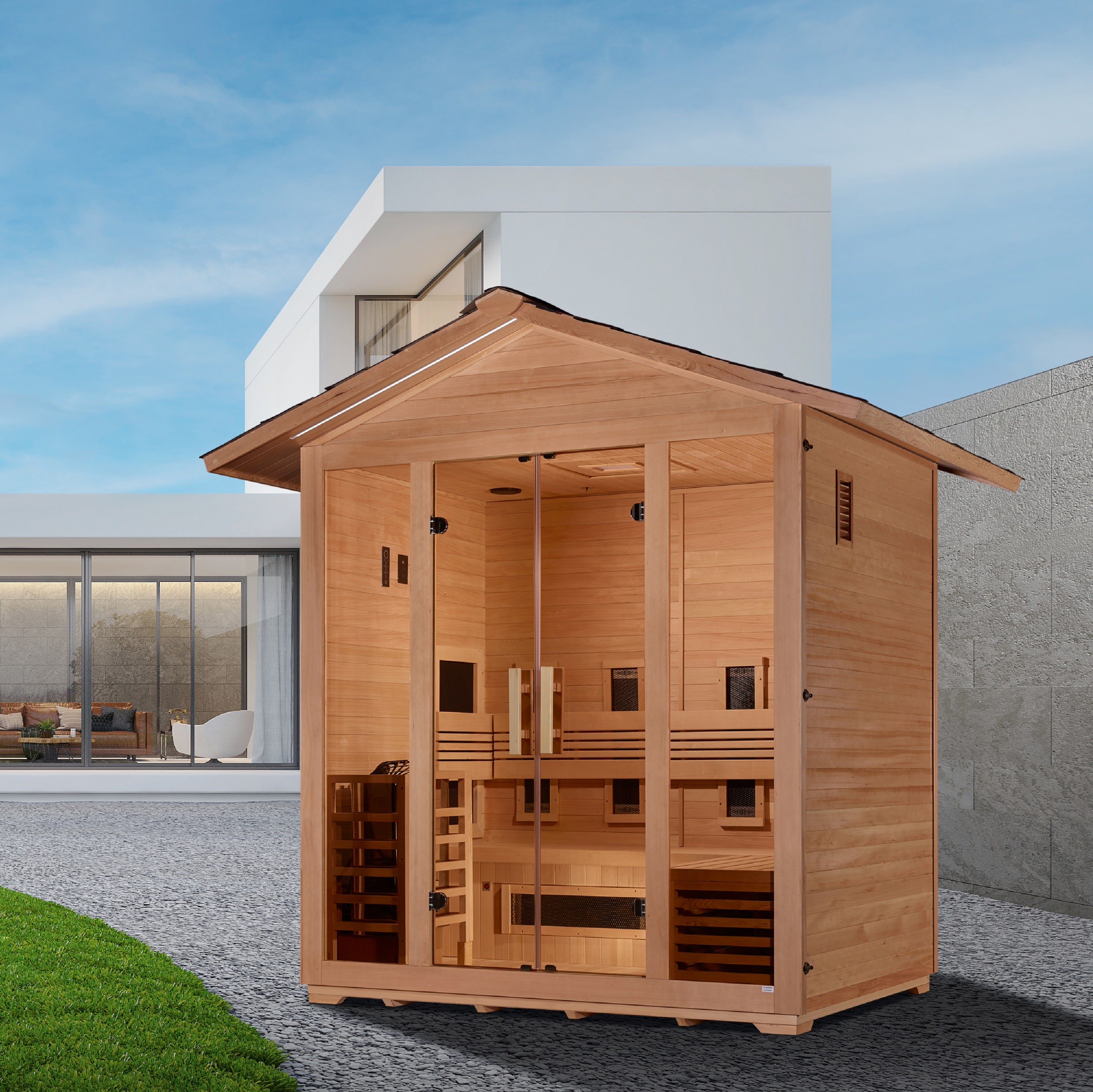 Golden Designs Gargellen 5 Person Outdoor Hybrid Full Spectrum Infrared + Traditional Sauna GDI-8125-01 with spacious interior and multiple heating options for a luxurious sauna experience in your own backyard