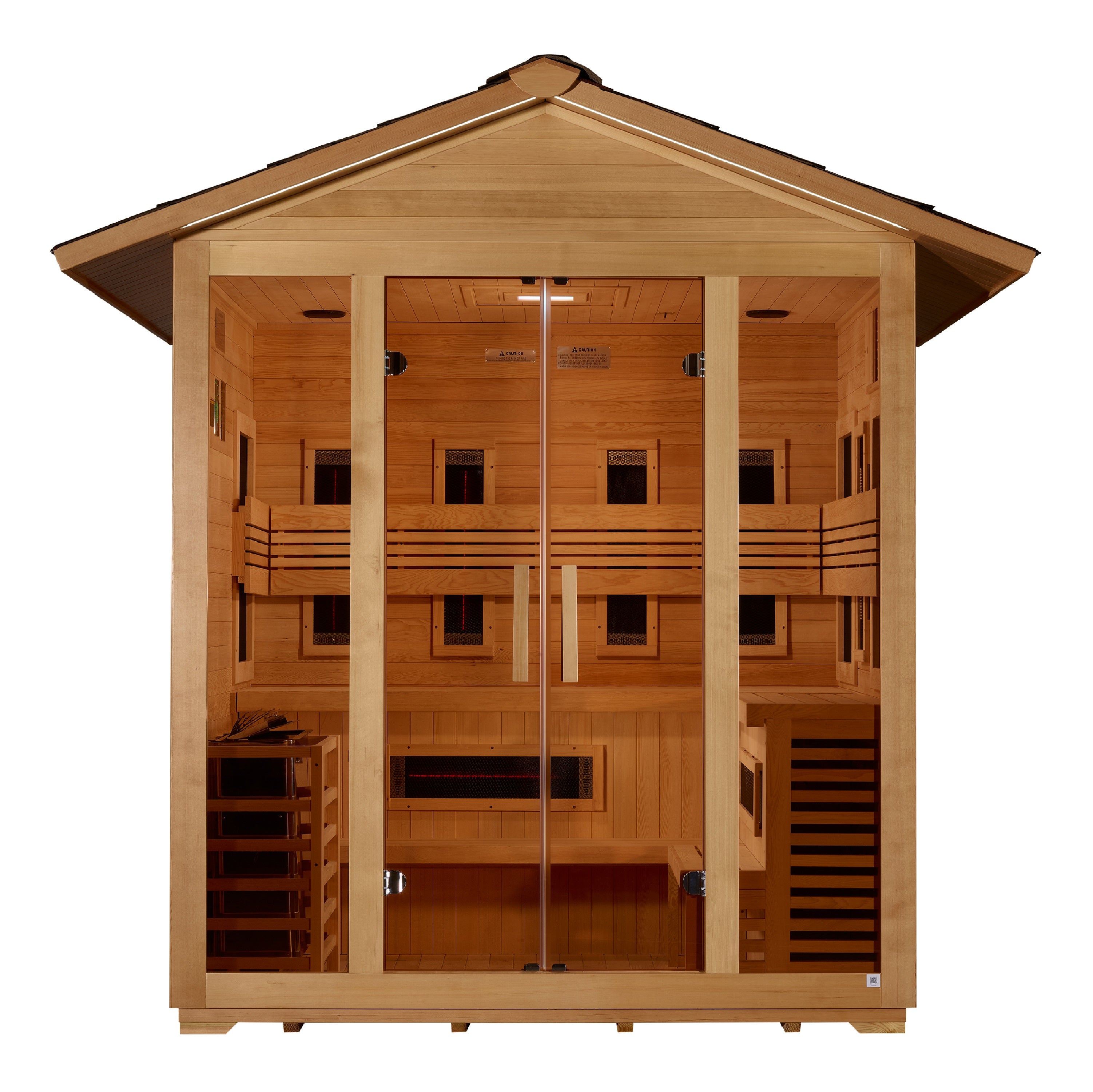 Golden Designs Gargellen 5 Person Outdoor Hybrid Full Spectrum Infrared plus Traditional Sauna GDI-8125-01 with spacious seating and luxurious design for ultimate relaxation and wellness experience