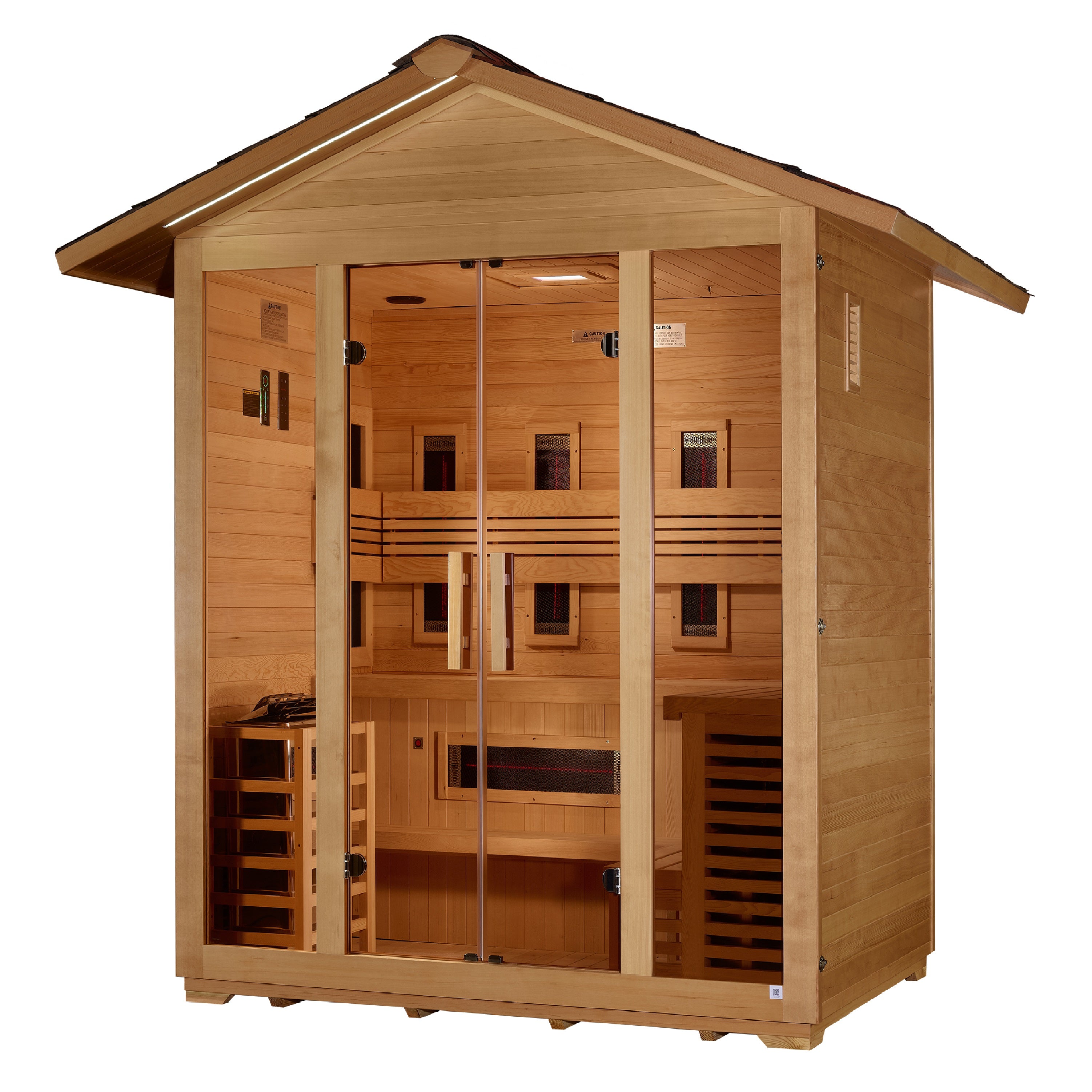 Golden Designs Gargellen 5 Person Outdoor Hybrid Full Spectrum Infrared + Traditional Sauna GDI-8125-01, with ergonomic seating and premium materials for ultimate relaxation and detoxification experience in the great outdoors