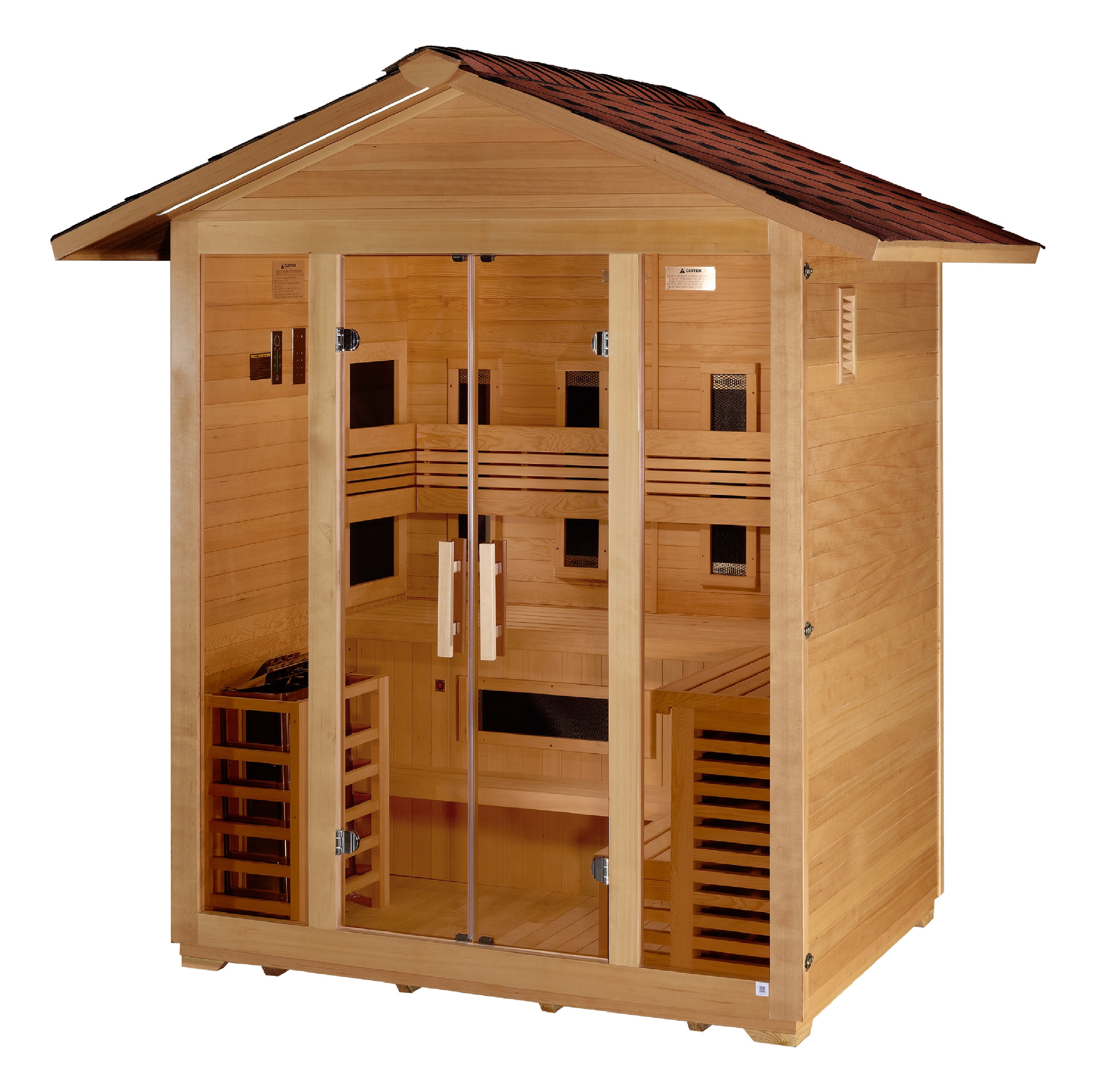 Golden Designs Gargellen 5 Person Outdoor Hybrid Full Spectrum IR + Traditional Sauna GDI-8125-01, featuring spacious design with both infrared and traditional heating elements for a luxurious outdoor sauna experience