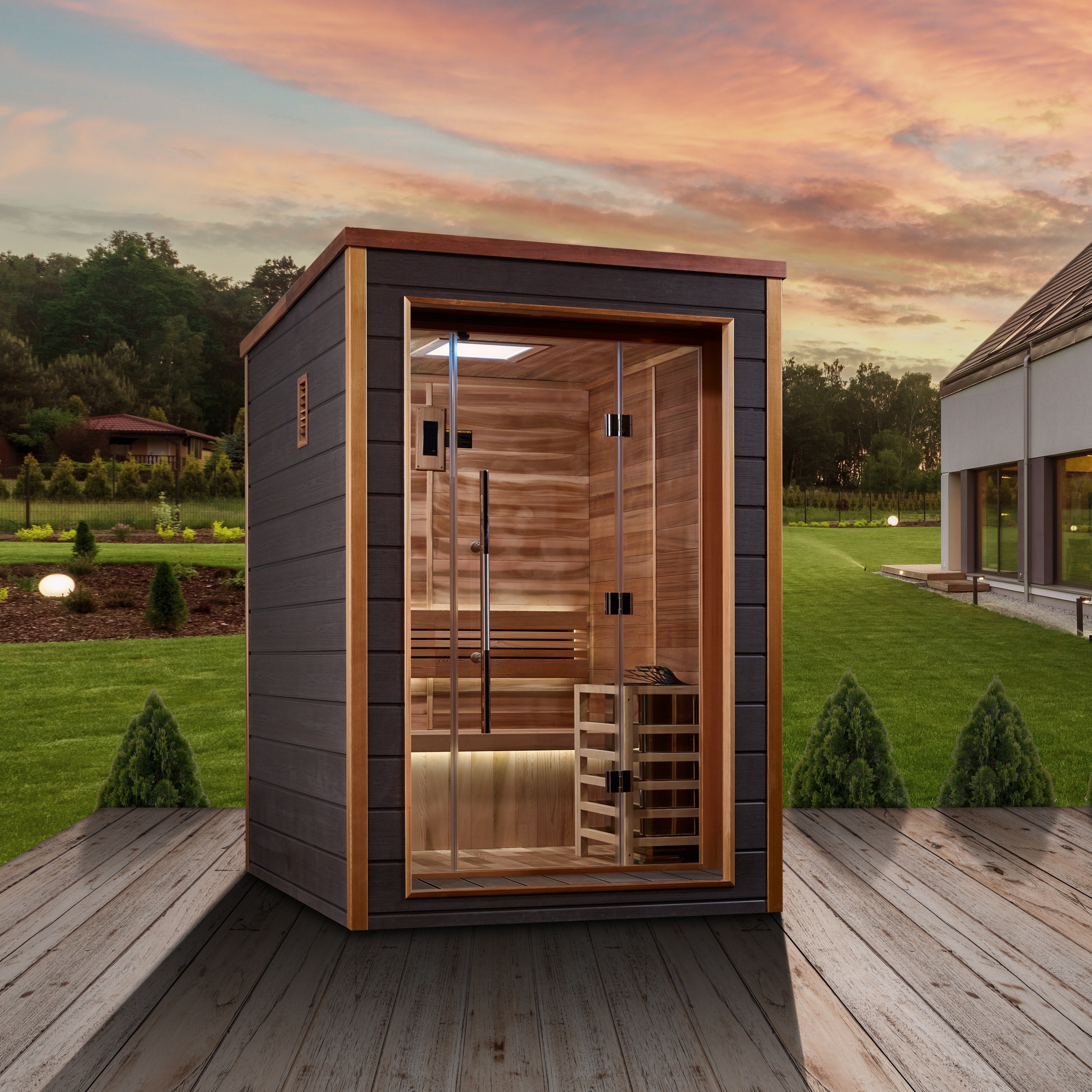 Golden Designs Narvik 2 Person Outdoor Traditional Sauna GDI-8202-01 with wooden benches and glass door