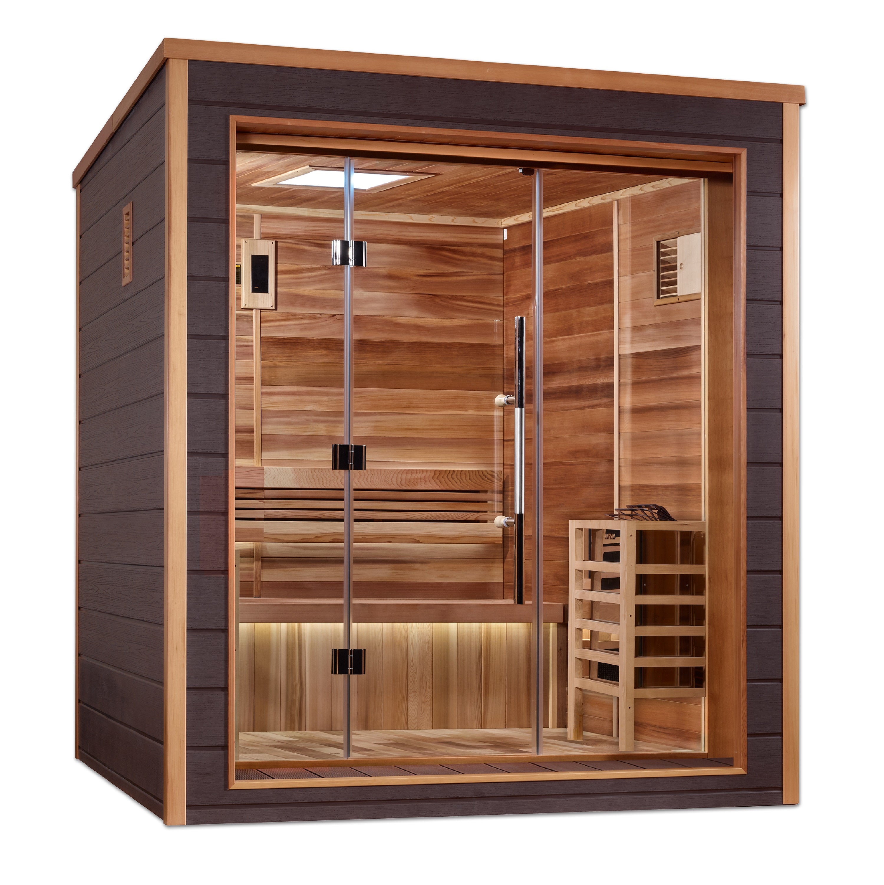 Golden Designs Drammen 3 Person Outdoor Traditional Sauna GDI-8203-01 outdoor view with wooden exterior and 3 person capacity