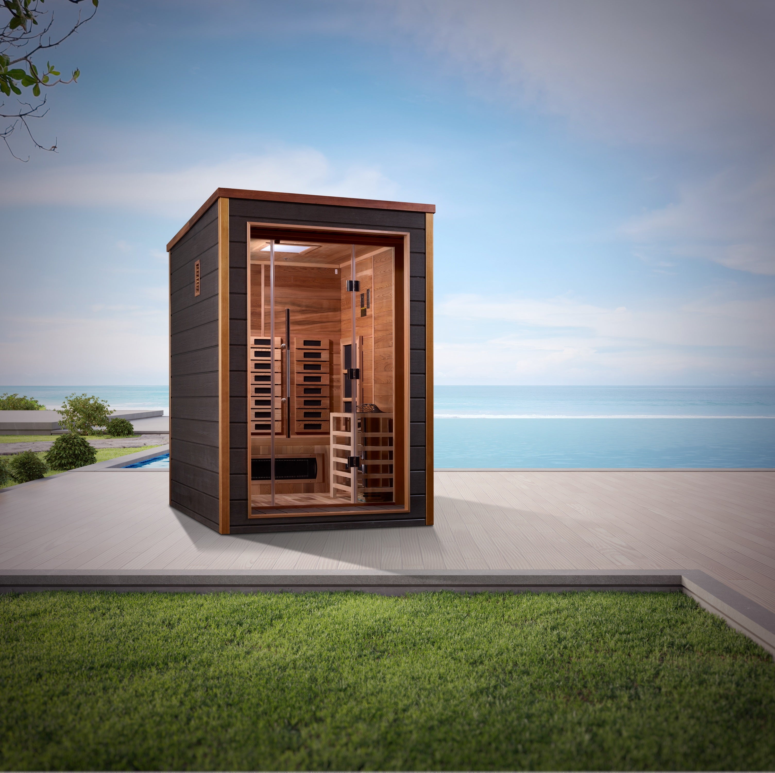 Exterior of Golden Designs Nora 2 Person Outdoor + Indoor Hybrid Sauna GDI-8222-01 with beautiful wood paneling and glass door