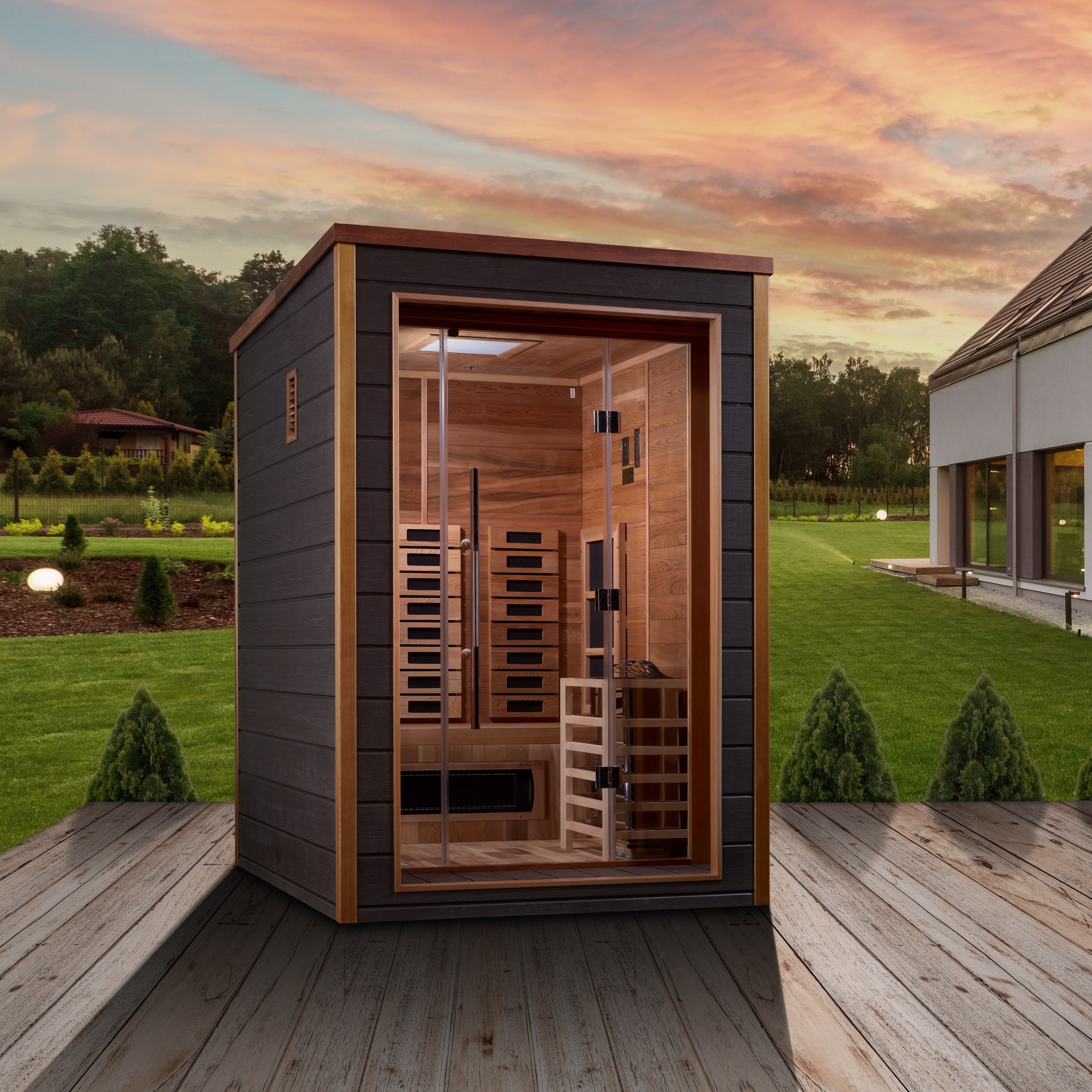 Two-person outdoor and indoor hybrid sauna with golden designs, model GDI-8222-01