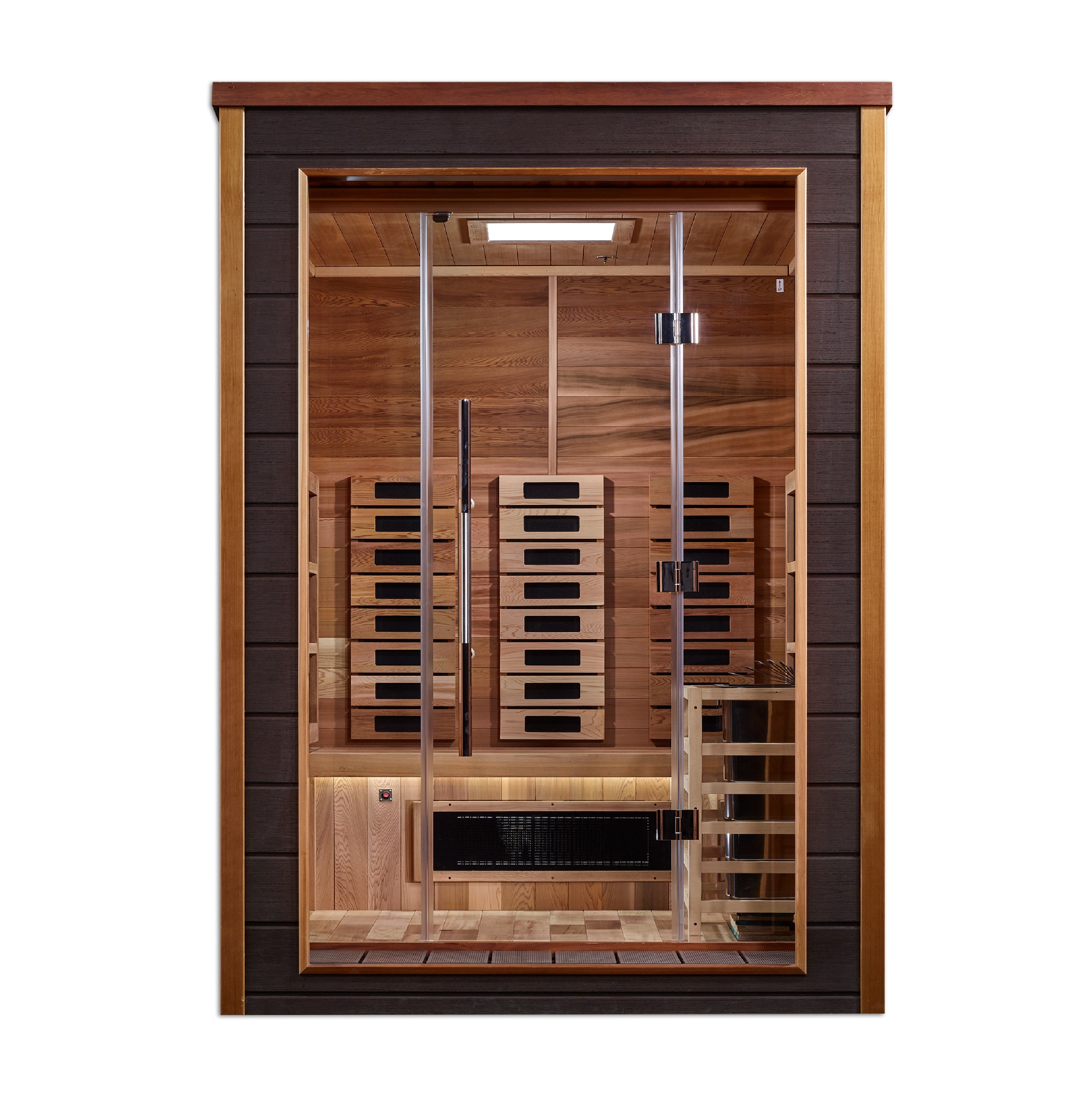 Golden Designs Nora 2 Person Outdoor + Indoor Hybrid Sauna GDI-8222-01 sauna in outdoor garden setting with two people relaxing inside