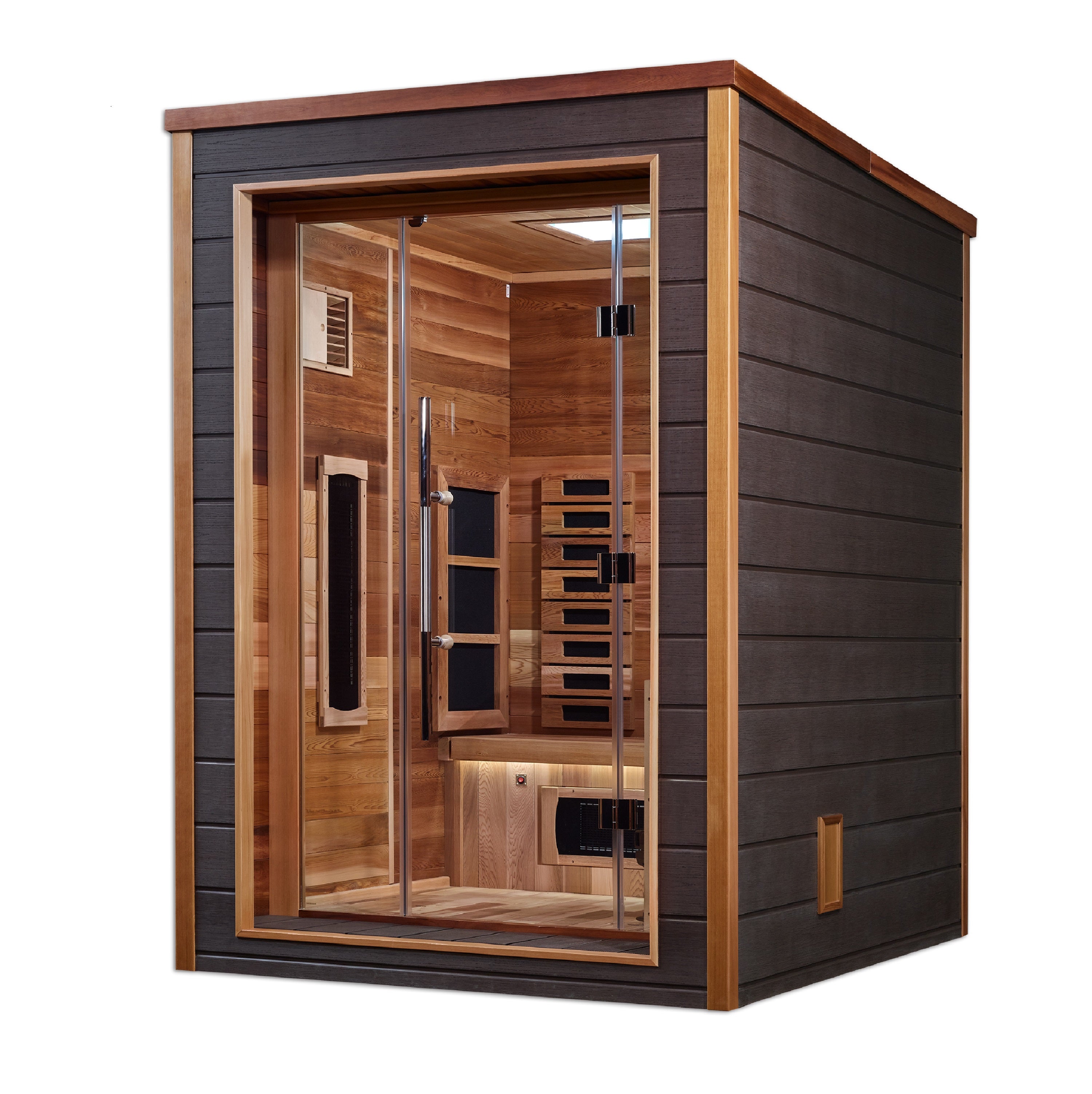 Golden Designs Nora 2 Person Outdoor + Indoor Hybrid Sauna GDI-8222-01 with elegant wooden design and spacious interior for relaxation and wellness