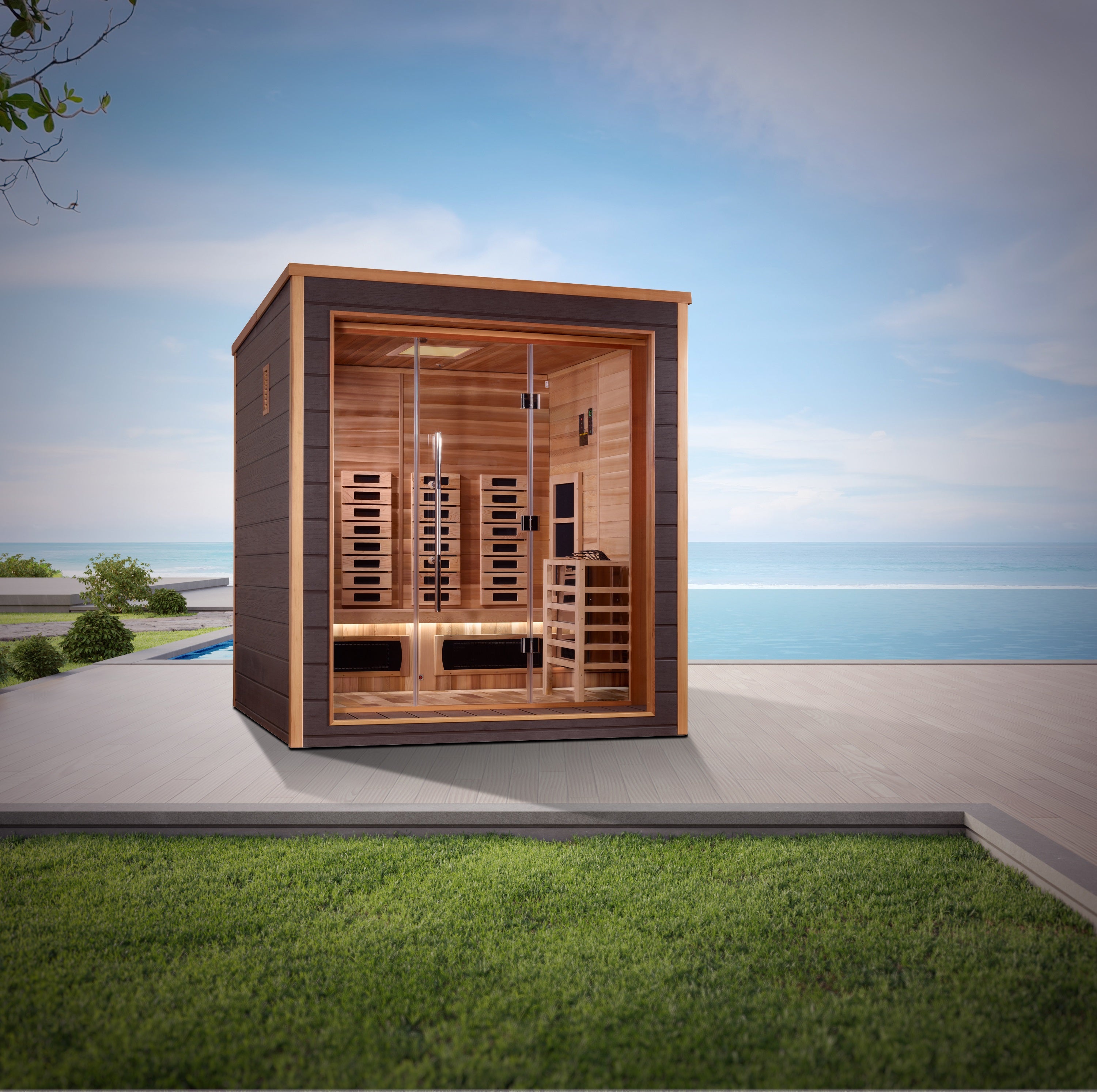 Golden Designs Visby 3 Person Outdoor + Indoor Hybrid Sauna GDI-8223-01: A luxurious and spacious sauna designed for both indoor and outdoor use, featuring a sleek and modern design with ample seating for up to three people