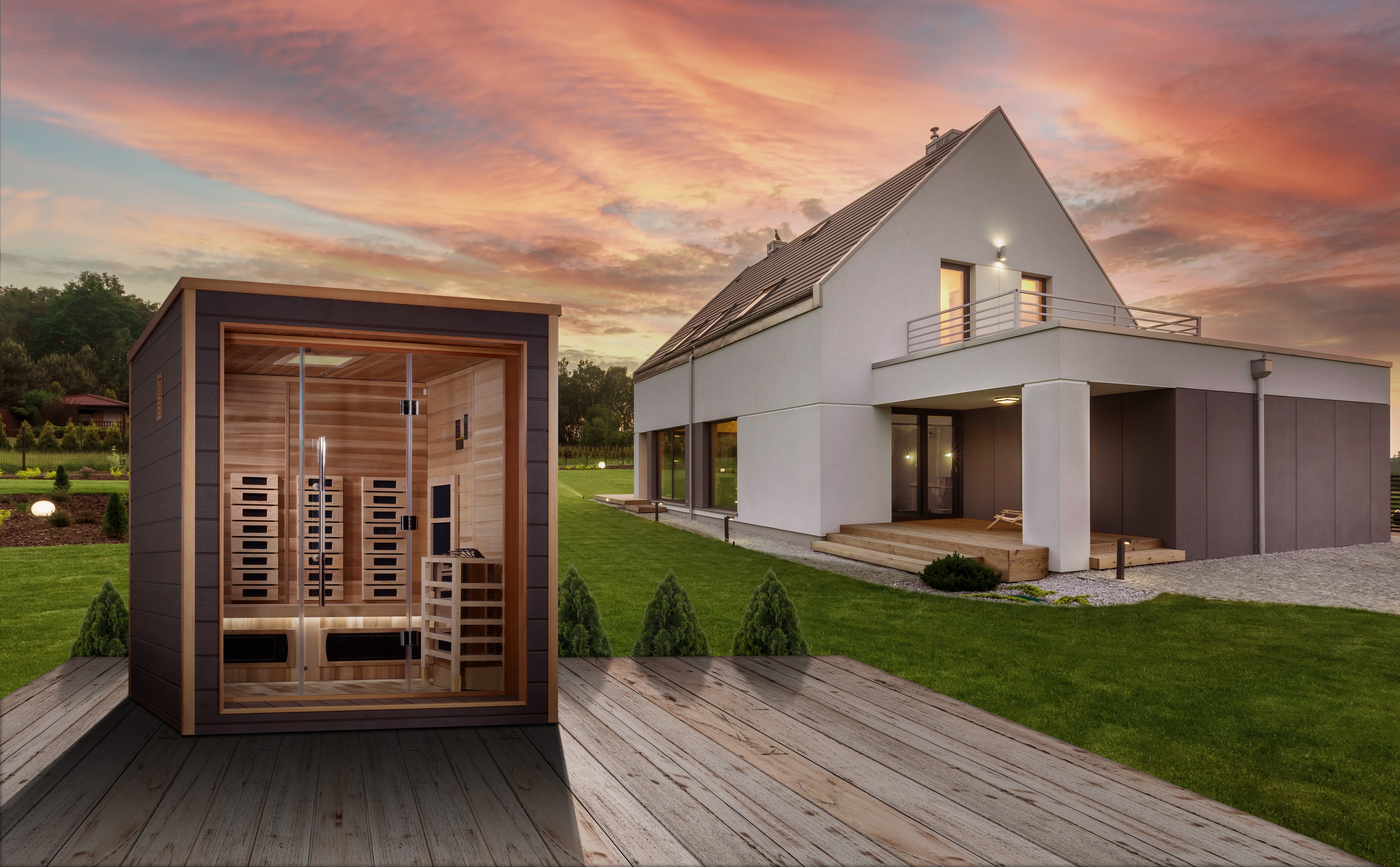 Golden Designs Visby 3 Person Outdoor + Indoor Hybrid Sauna GDI-8223-01, featuring sleek wood design and spacious interior for a luxurious sauna experience