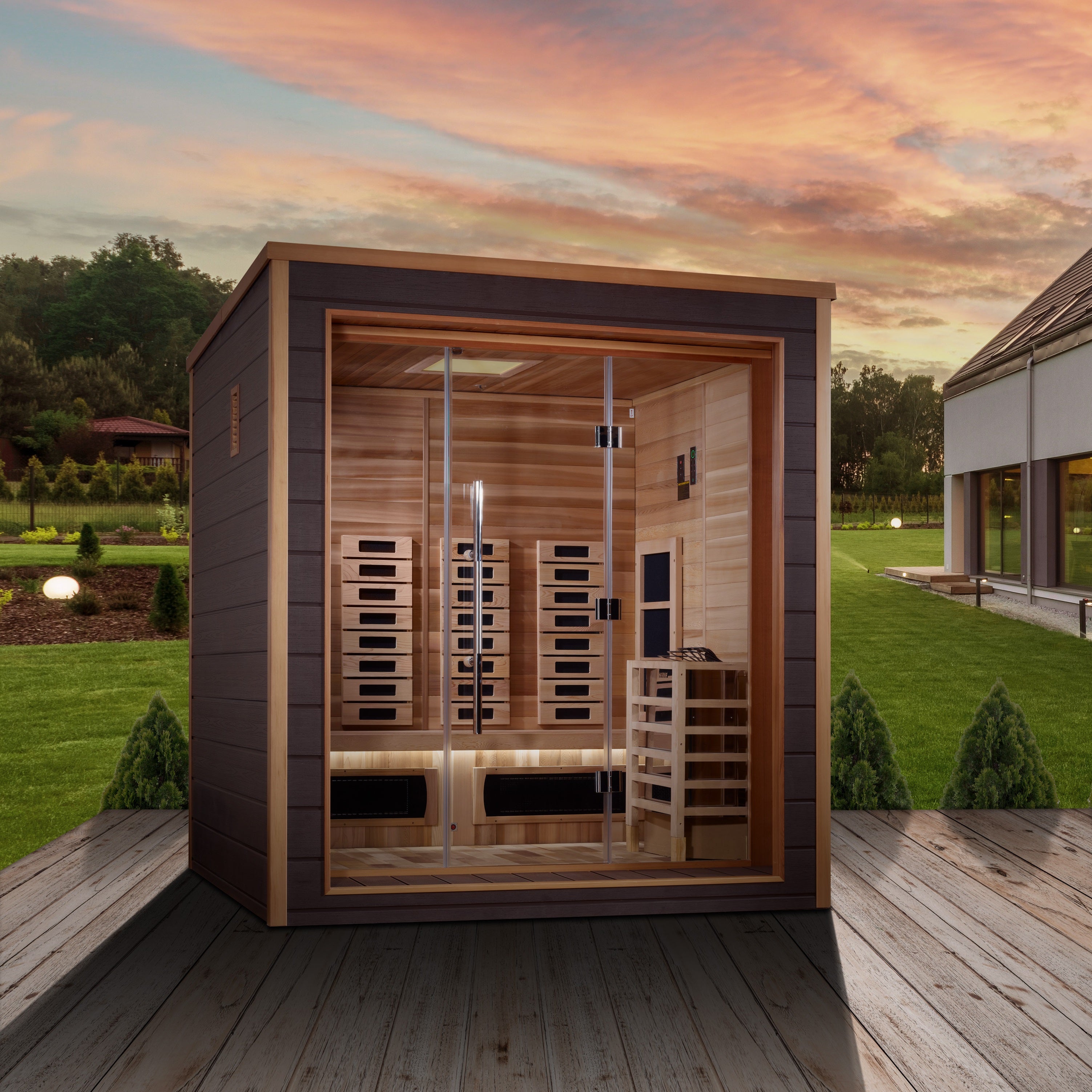 Golden Designs Visby 3 Person Outdoor + Indoor Hybrid Sauna GDI-8223-01, a luxurious and spacious sauna perfect for both indoor and outdoor use, featuring a modern design and high-quality materials for ultimate relaxation and wellness