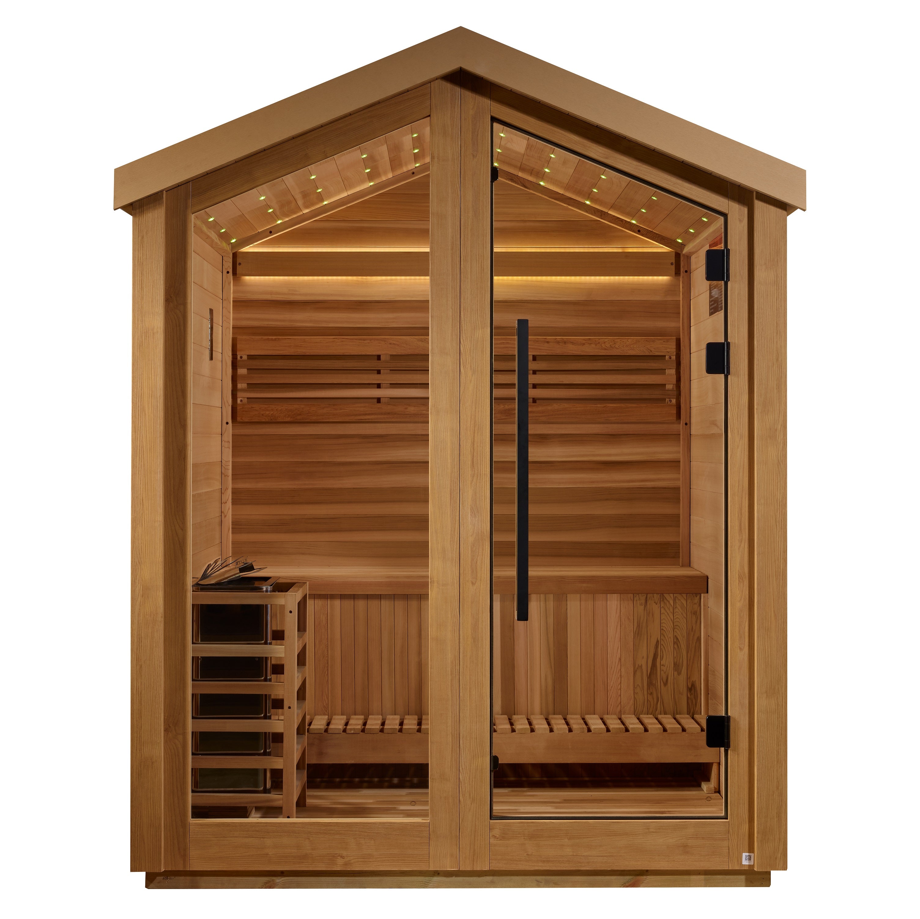 Golden Designs Savonlinna 3 Person Outdoor Traditional Sauna GDI-8503-01 featuring beautiful wood construction and spacious interior for a luxurious sauna experience