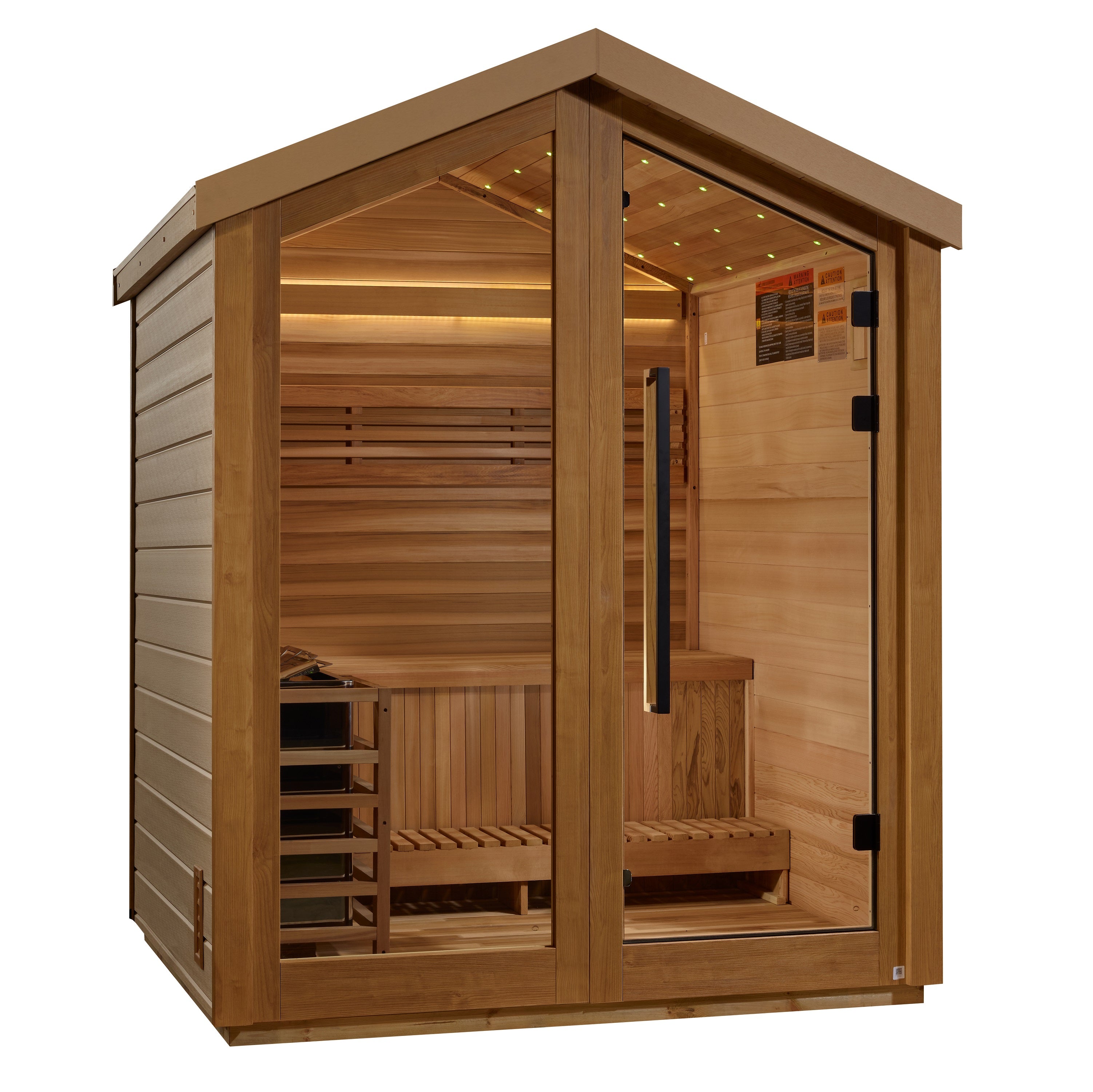 Golden Designs Savonlinna 3 Person Outdoor Traditional Sauna GDI-8503-01, designed with high-quality wood and spacious interior for a relaxing sauna experience Enjoy the natural ambiance and therapeutic benefits of this outdoor sauna
