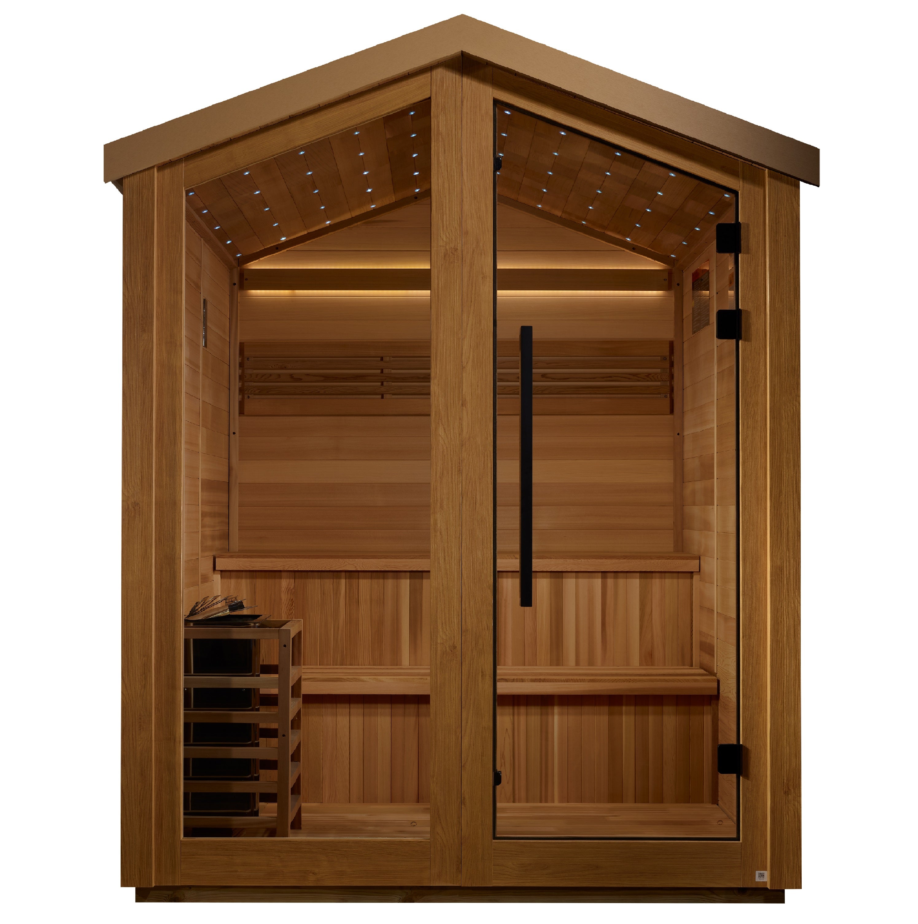 Golden Designs Kaarina 6 Person Outdoor Traditional Sauna GDI-8506-01 with spacious seating and beautiful wood finish