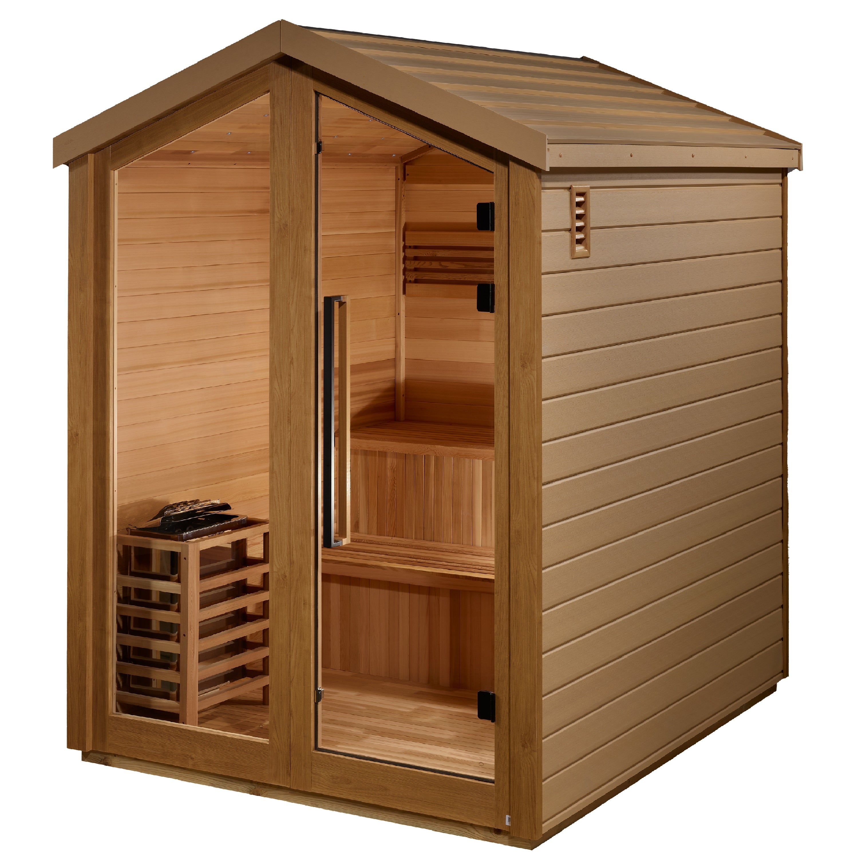 Golden Designs Kaarina 6 Person Outdoor Traditional Sauna GDI-8506-01 with beautiful outdoor landscaping