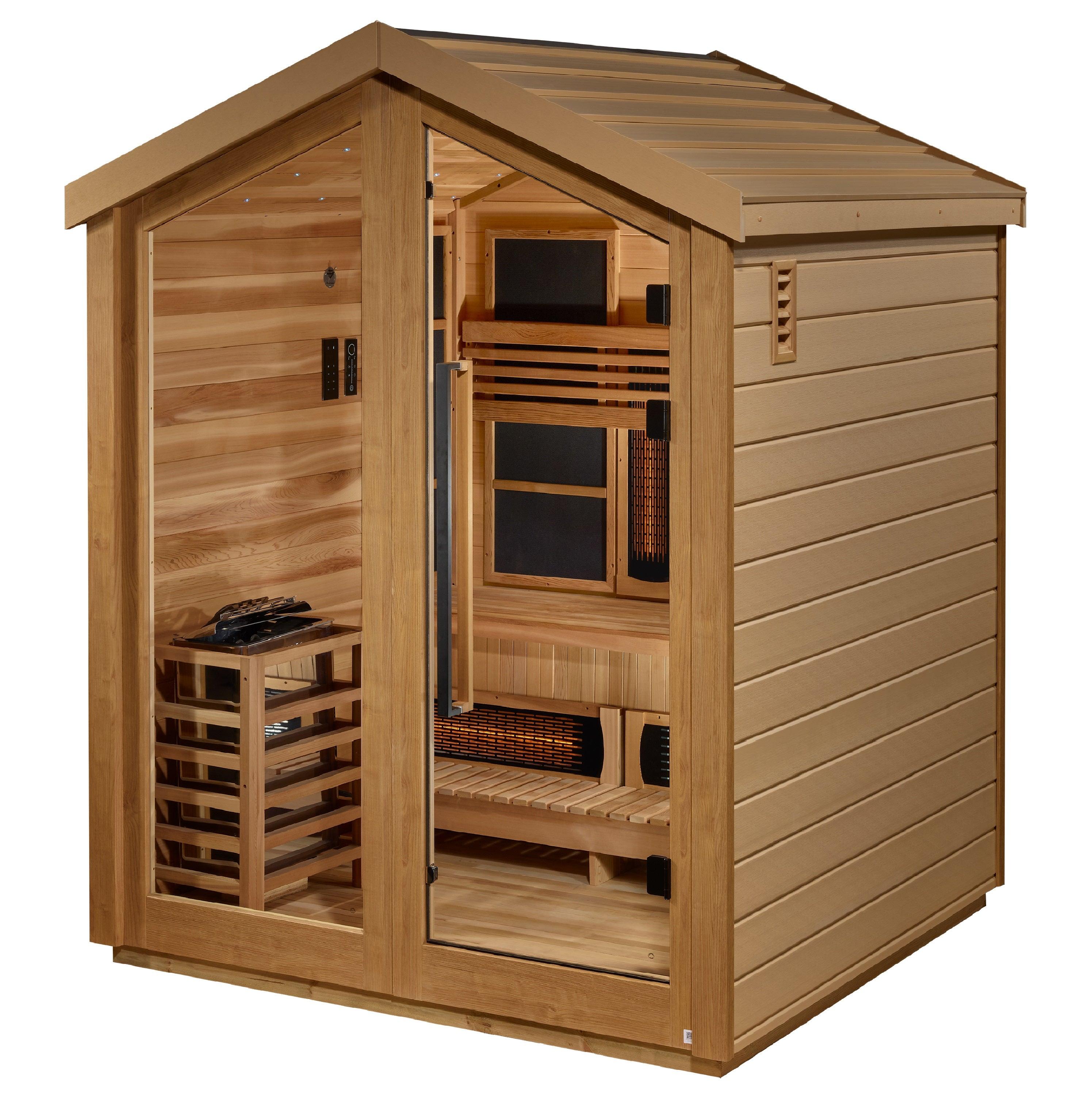 Outdoor hybrid sauna featuring full spectrum IR and traditional heating for 3 people