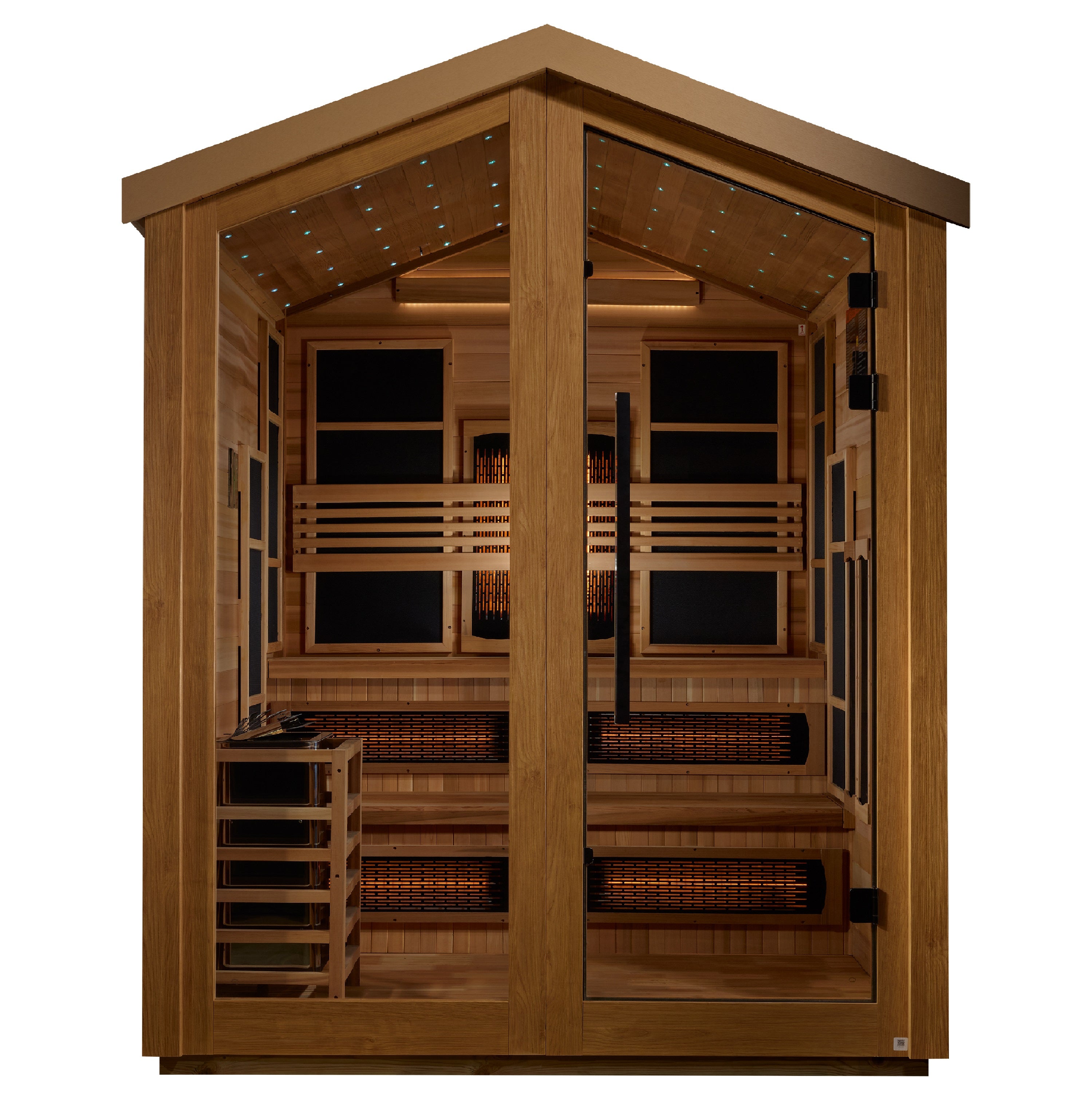 Golden Designs Kaskinen 6 Person Outdoor Hybrid Full Spectrum IR + Traditional Sauna GDI-8526-01 with spacious interior and beautiful design, perfect for outdoor relaxation and wellness