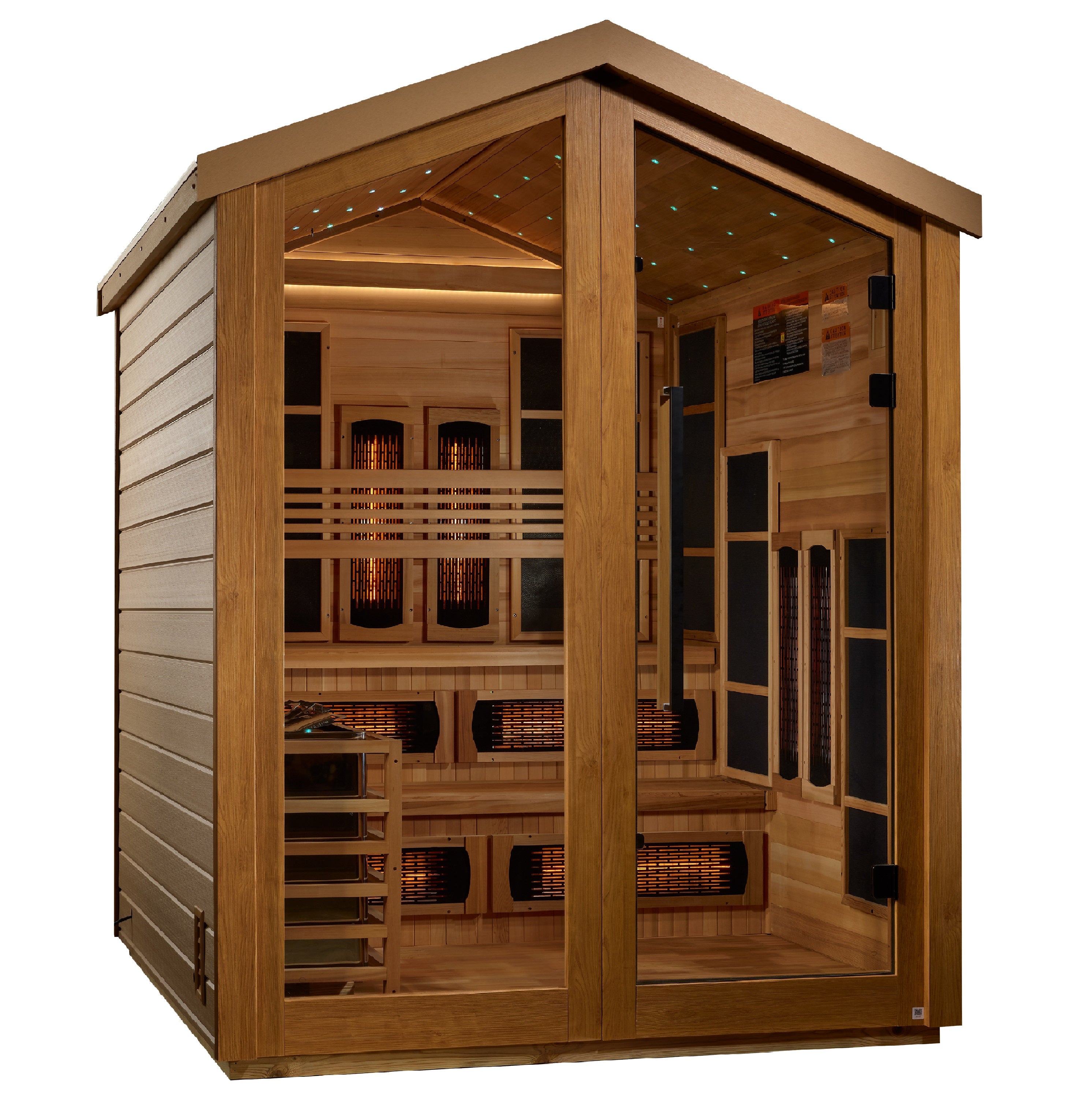 Golden Designs Kaskinen 6 Person Outdoor Hybrid Full Spectrum IR + Traditional Sauna GDI-8526-01 in backyard setting, surrounded by lush greenery and wooden decking