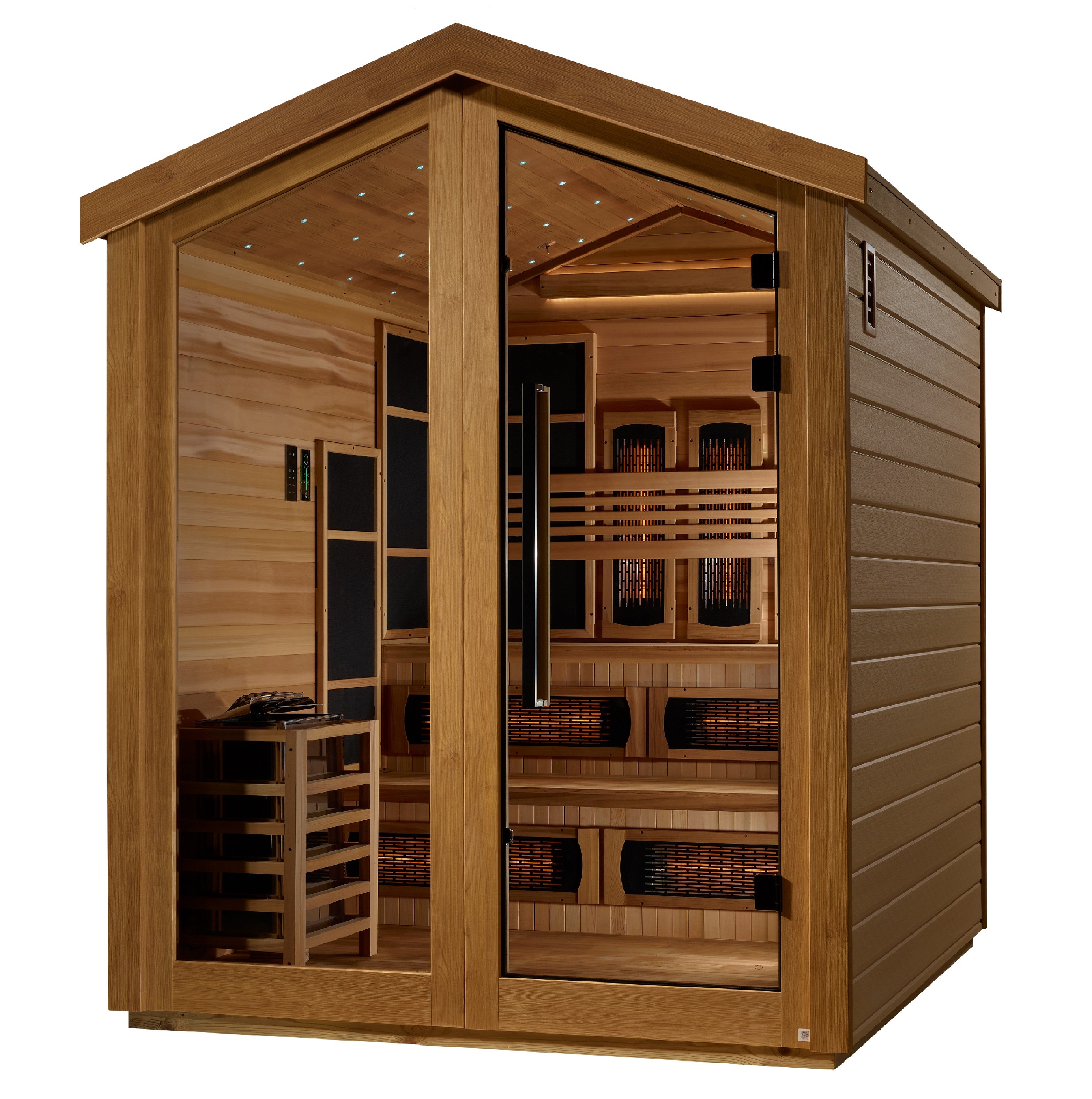 Spacious and luxurious Golden Designs Kaskinen 6 Person Outdoor Hybrid Full Spectrum IR + Traditional Sauna GDI-8526-01 with stylish exterior design