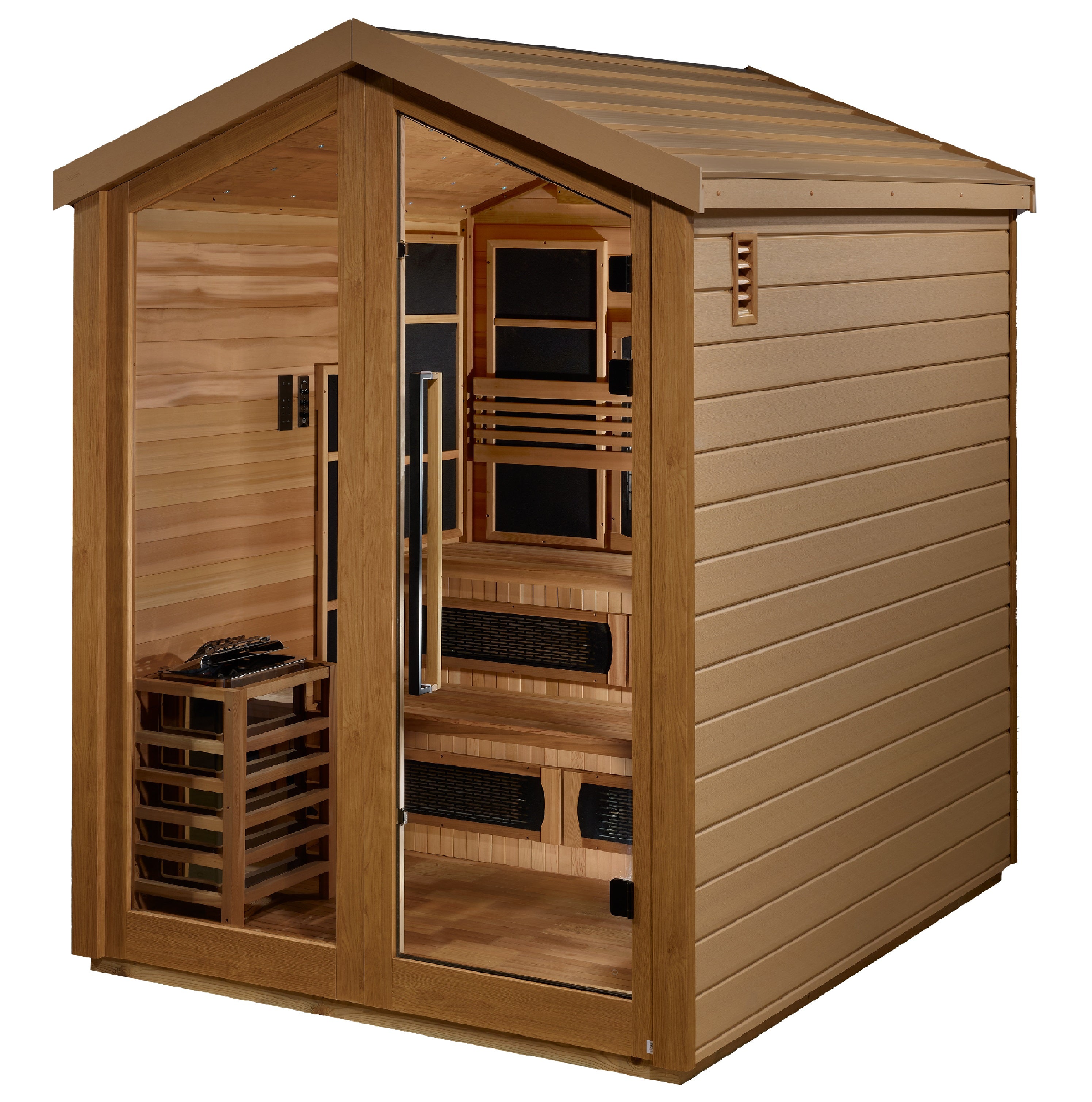 Golden Designs Kaskinen 6 Person Outdoor Hybrid Full Spectrum IR + Traditional Sauna GDI-8526-01, a luxurious and spacious sauna for outdoor relaxation and wellness