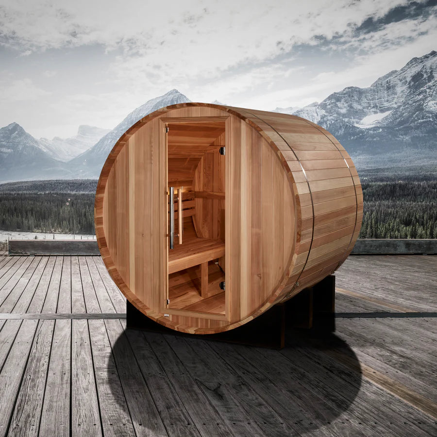 Golden Designs St Moritz 2 Person Barrel Outdoor Traditional Sauna GDI-B002-01, a luxurious and spacious sauna for outdoor relaxation and rejuvenation